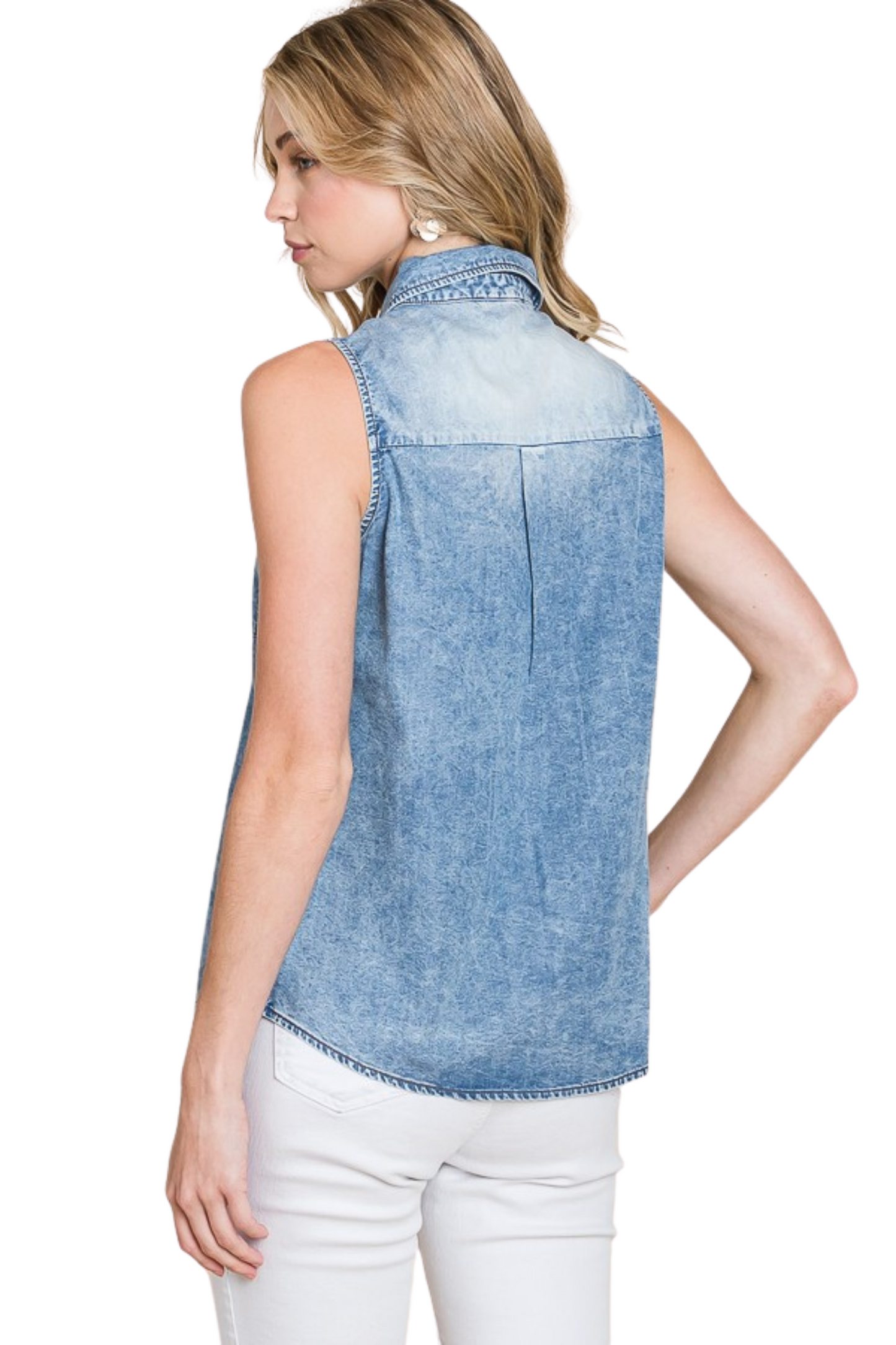 Sleeveless Chambray Button Up Collar Top
