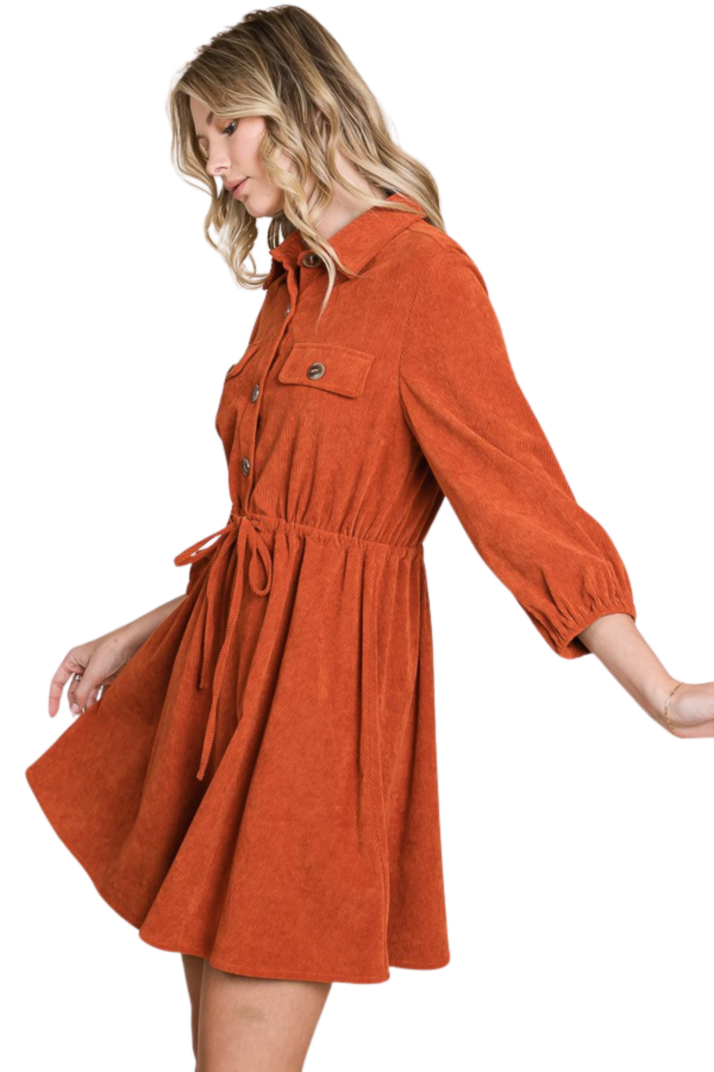 Corduroy Long Sleeve Shirt Dress with Tie Waist