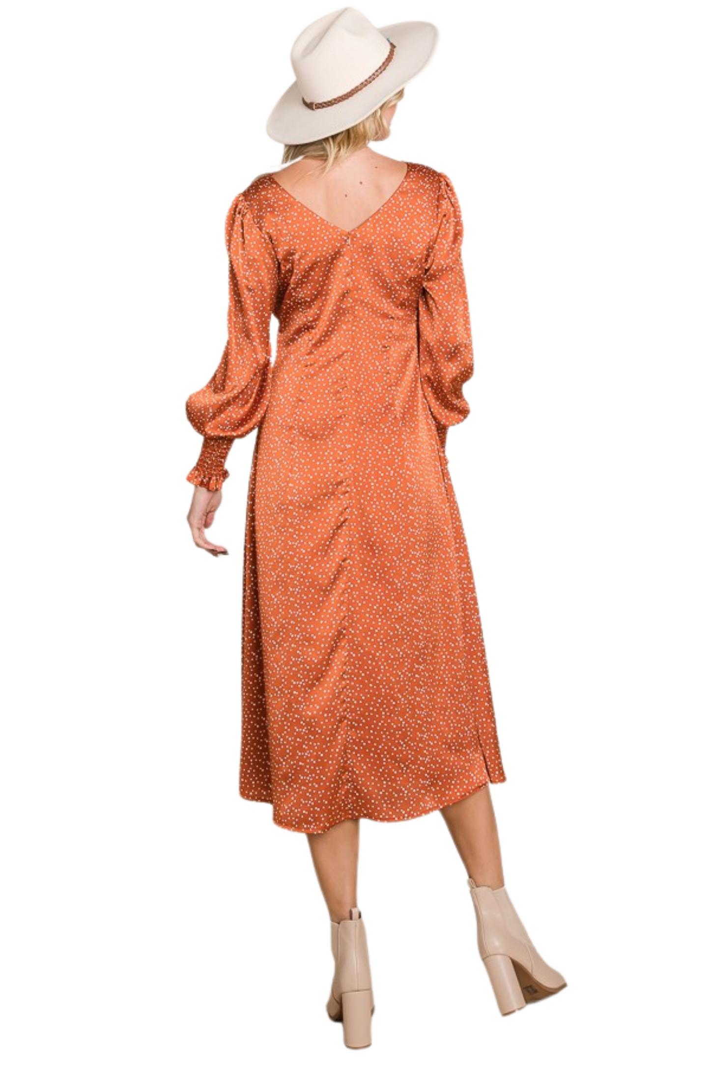 Polka Dot Long Sleeve Silky Midi Dress