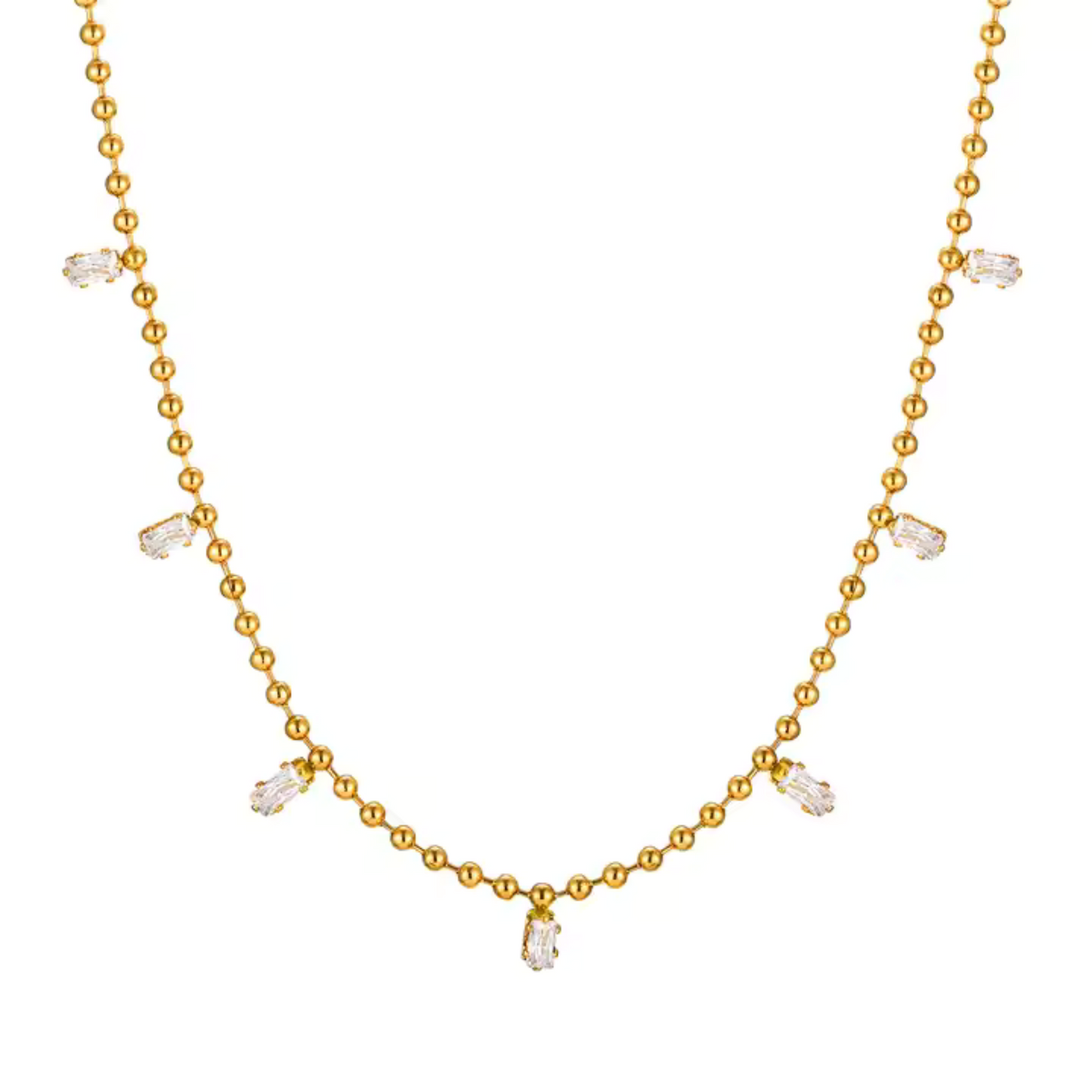 Stainless Steel Bead Chain Solitare CZ Baguette Necklace