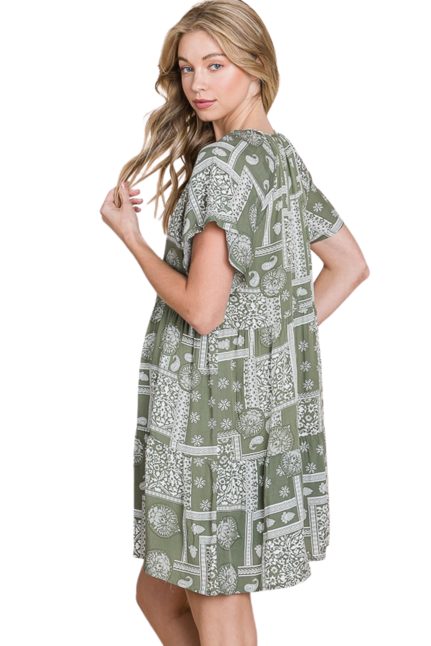 Bandana Pattern Tiered Short Sleeve Mini Dress with Neck Tie