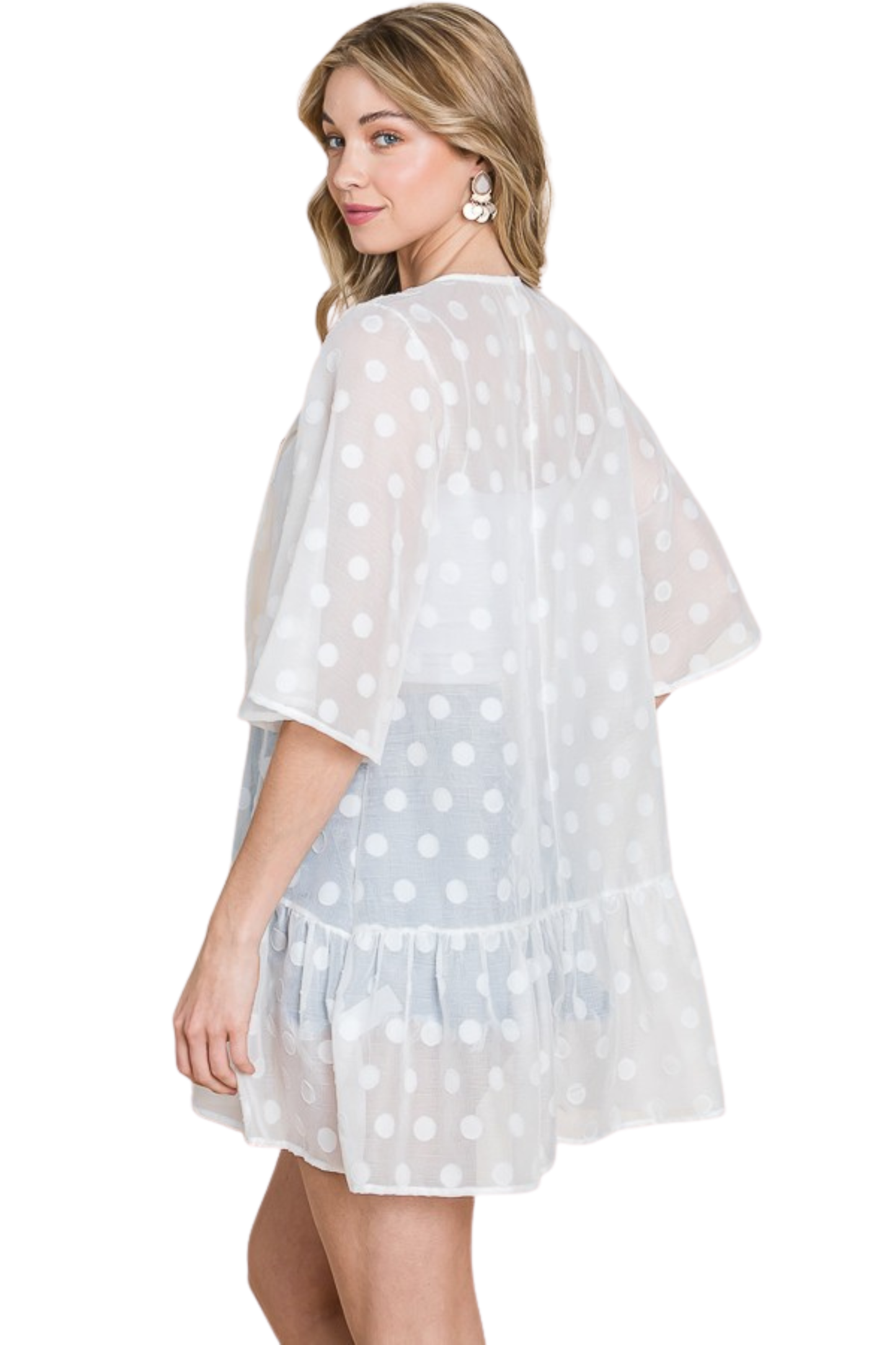 Semi-Sheer Short Sleeve Bottom Ruffle Open Cover Up