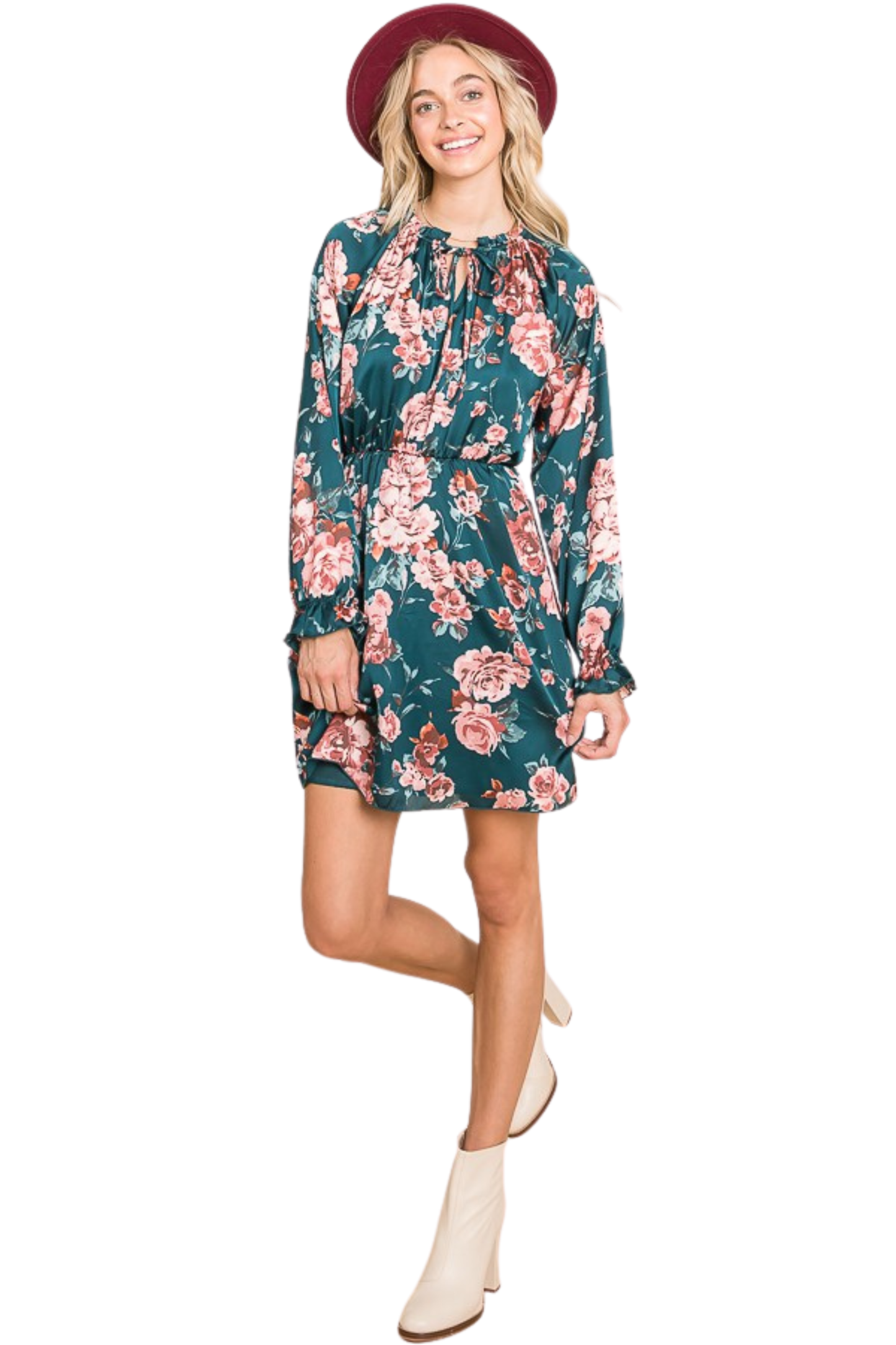 Long Sleeve Floral Tie Front Mini Dress