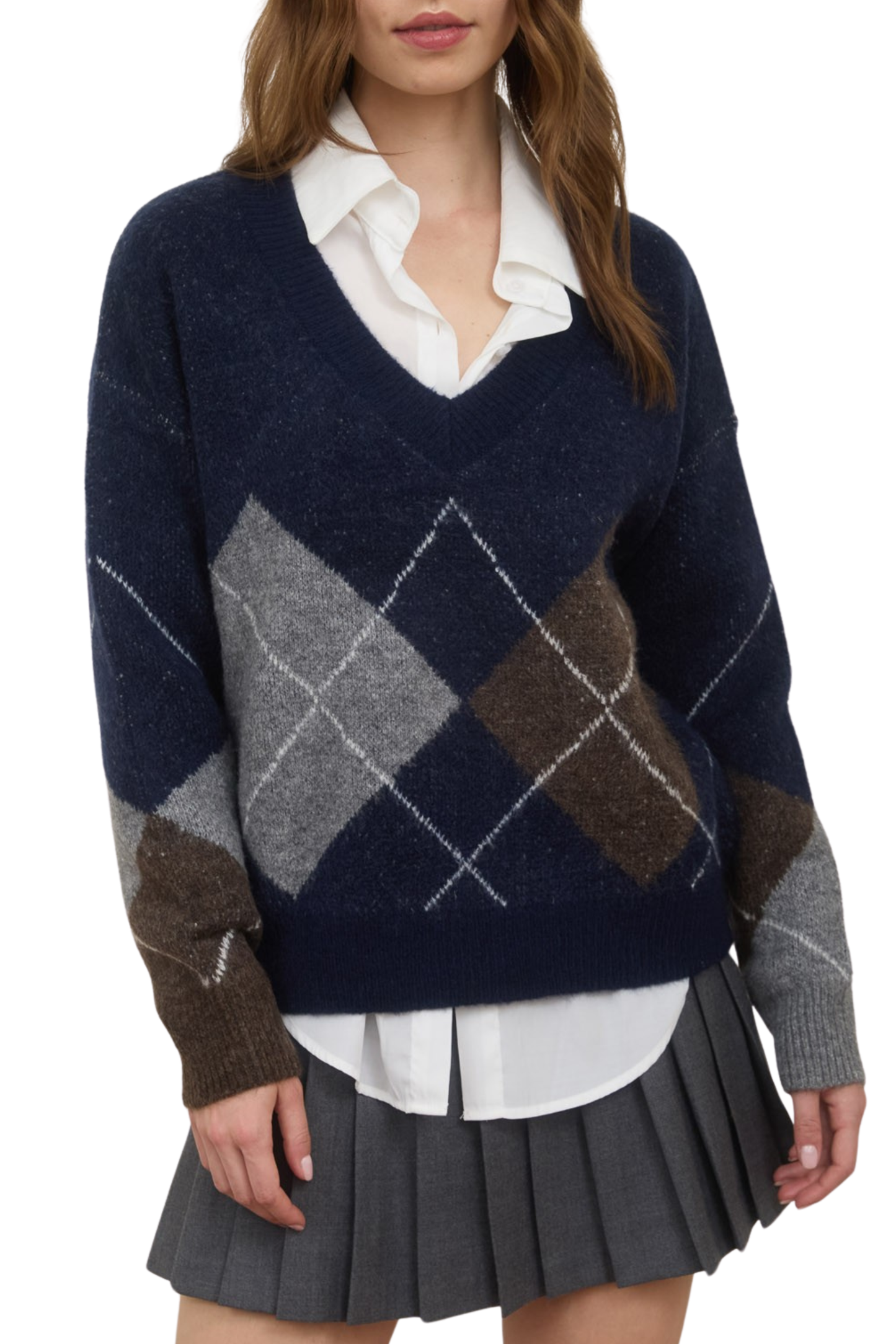 (Large) Recycled Material Argyle V Neck Long Sleeve Pullover Sweater