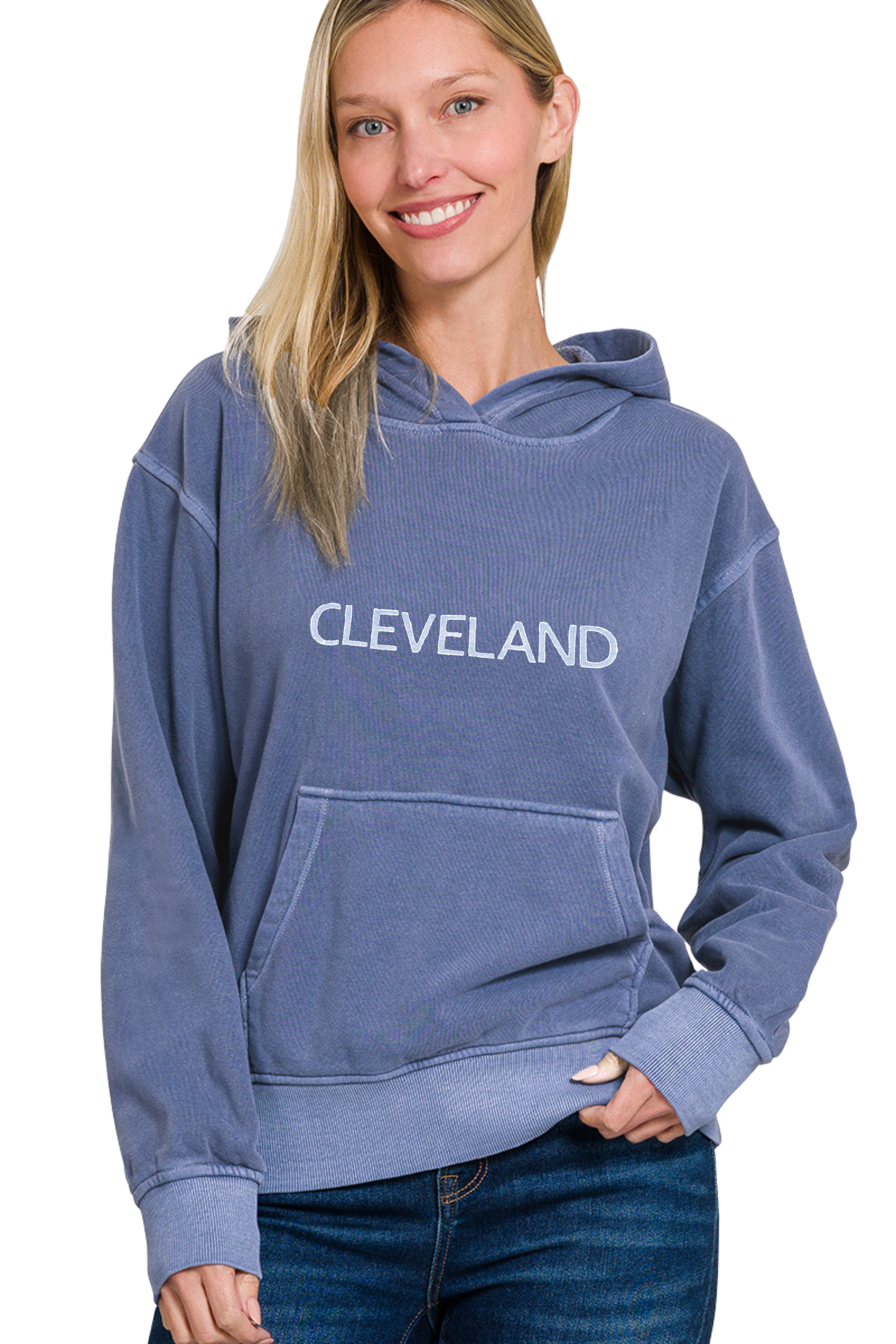 Cleveland Hand Stamped Garment Dyed Hoodie with Kangaroo Pocket