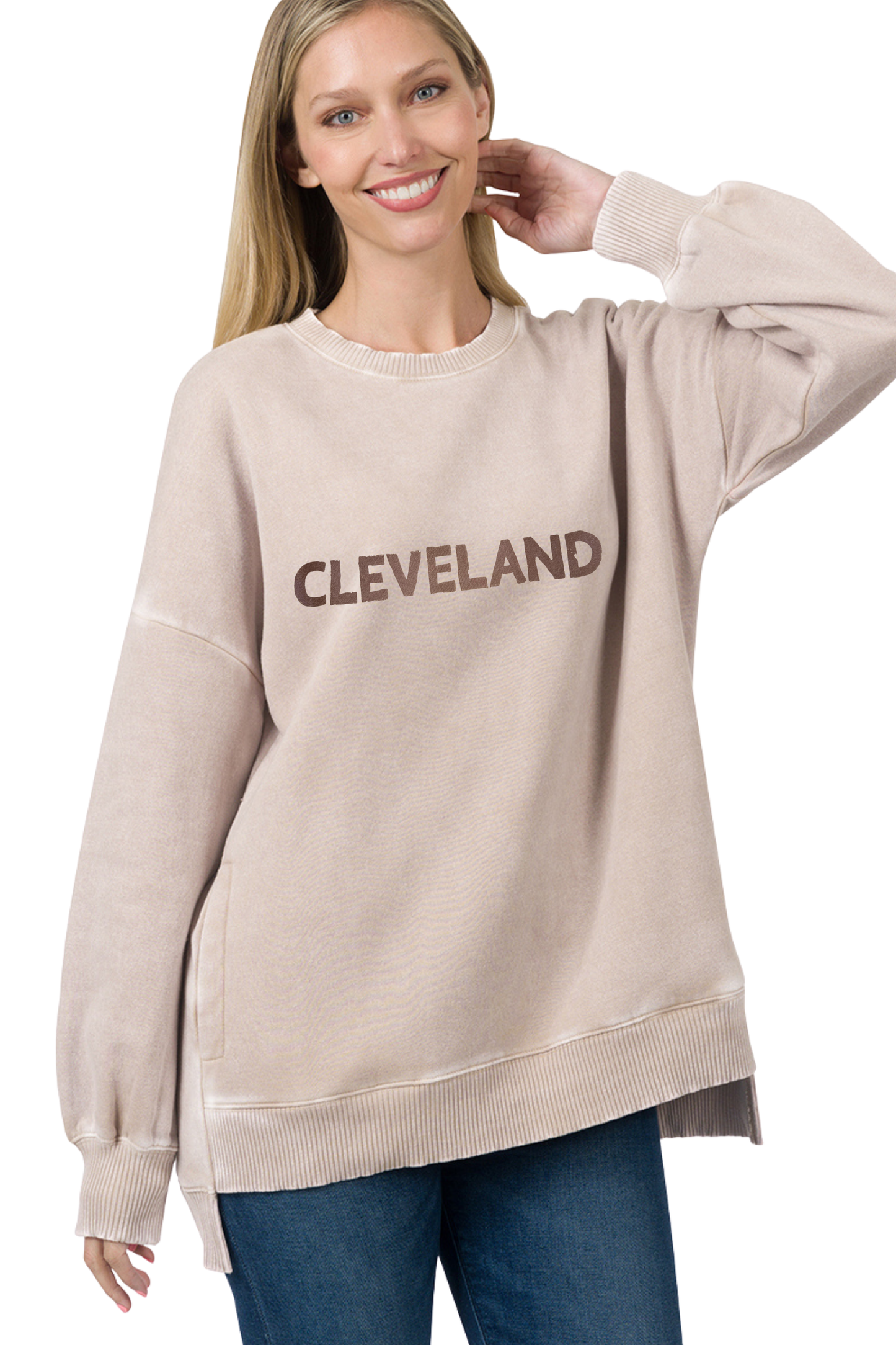 Cleveland Hand Stamped Acid Wash High Low Sweatshirt with Side Pockets