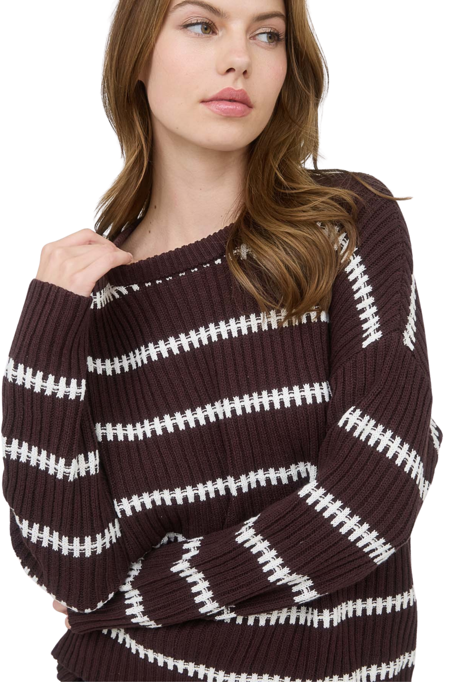 Stripe Crewneck Long Sleeve Ribbed Knit Sweater
