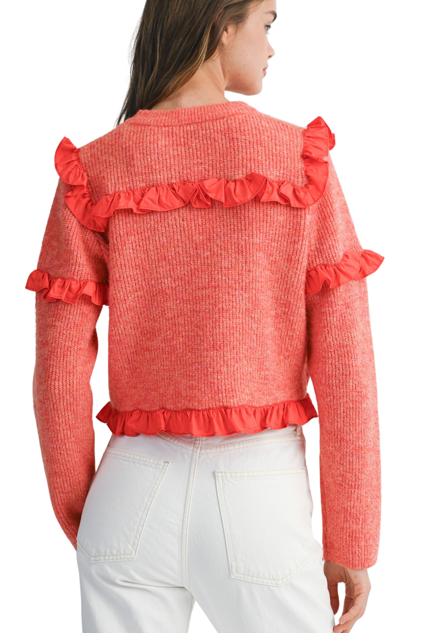 Crew Neck Ruffle Detailed Cropped Knit Sweater