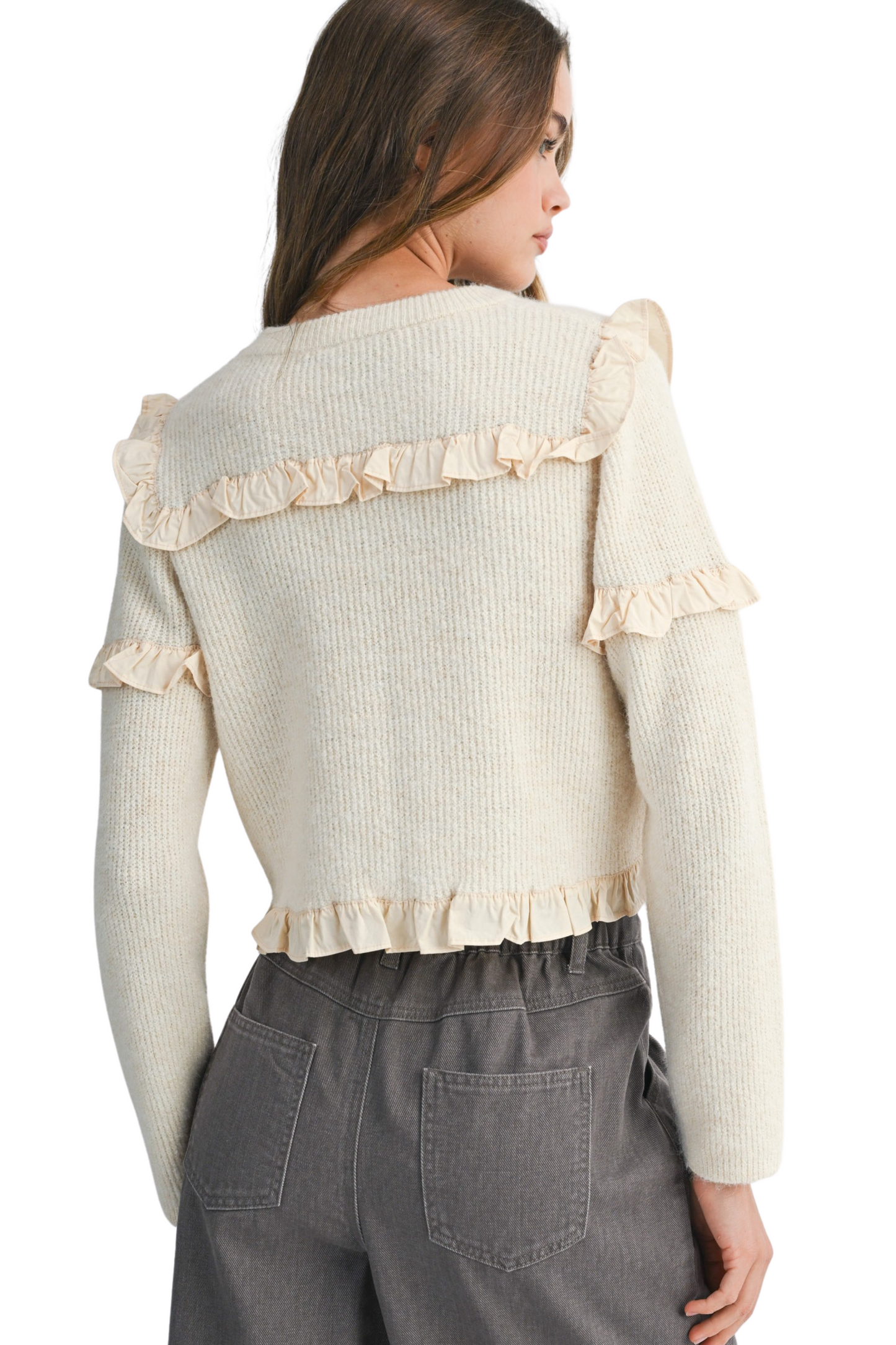Crew Neck Ruffle Detailed Cropped Knit Sweater
