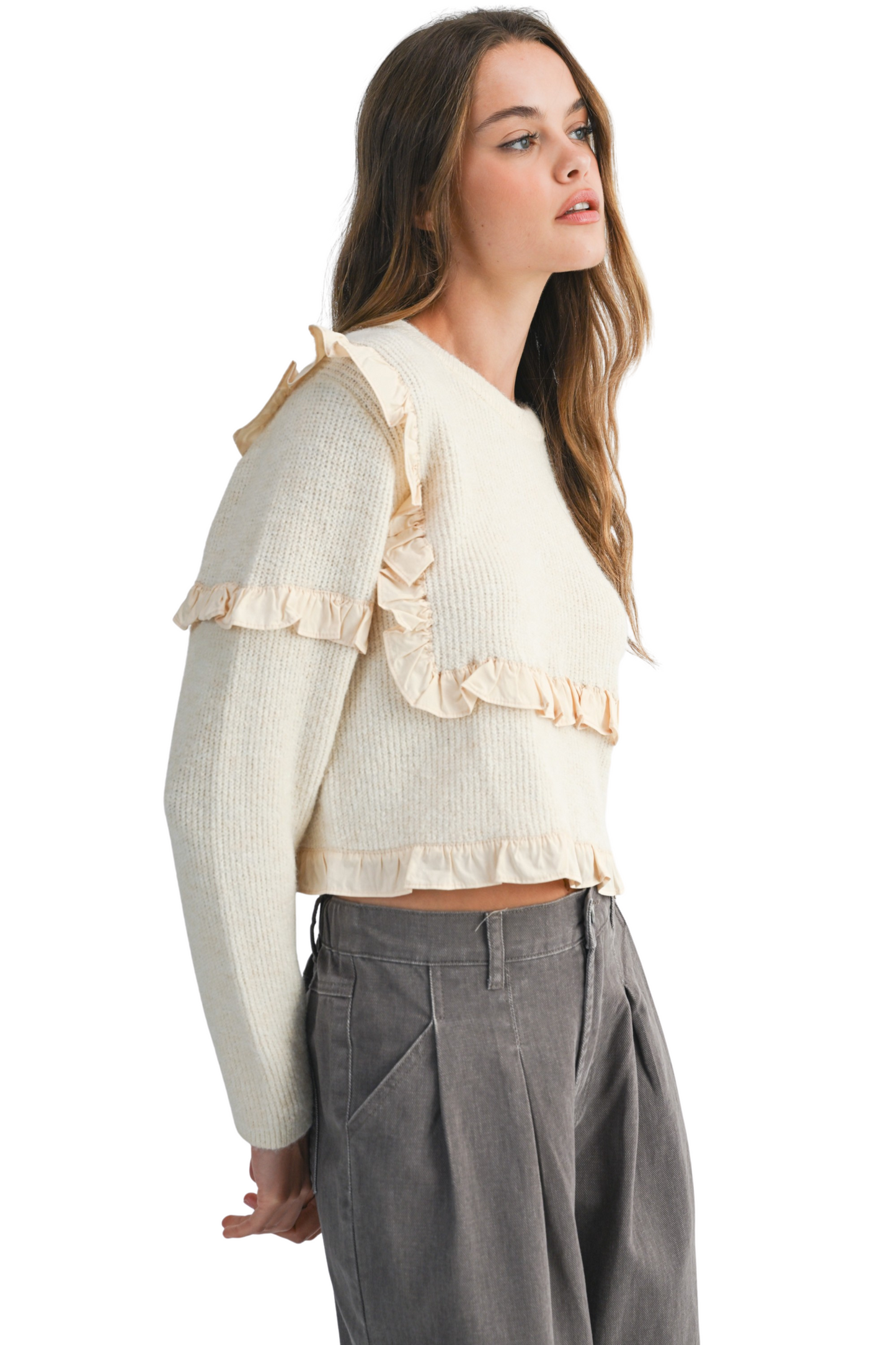 Crew Neck Ruffle Detailed Cropped Knit Sweater