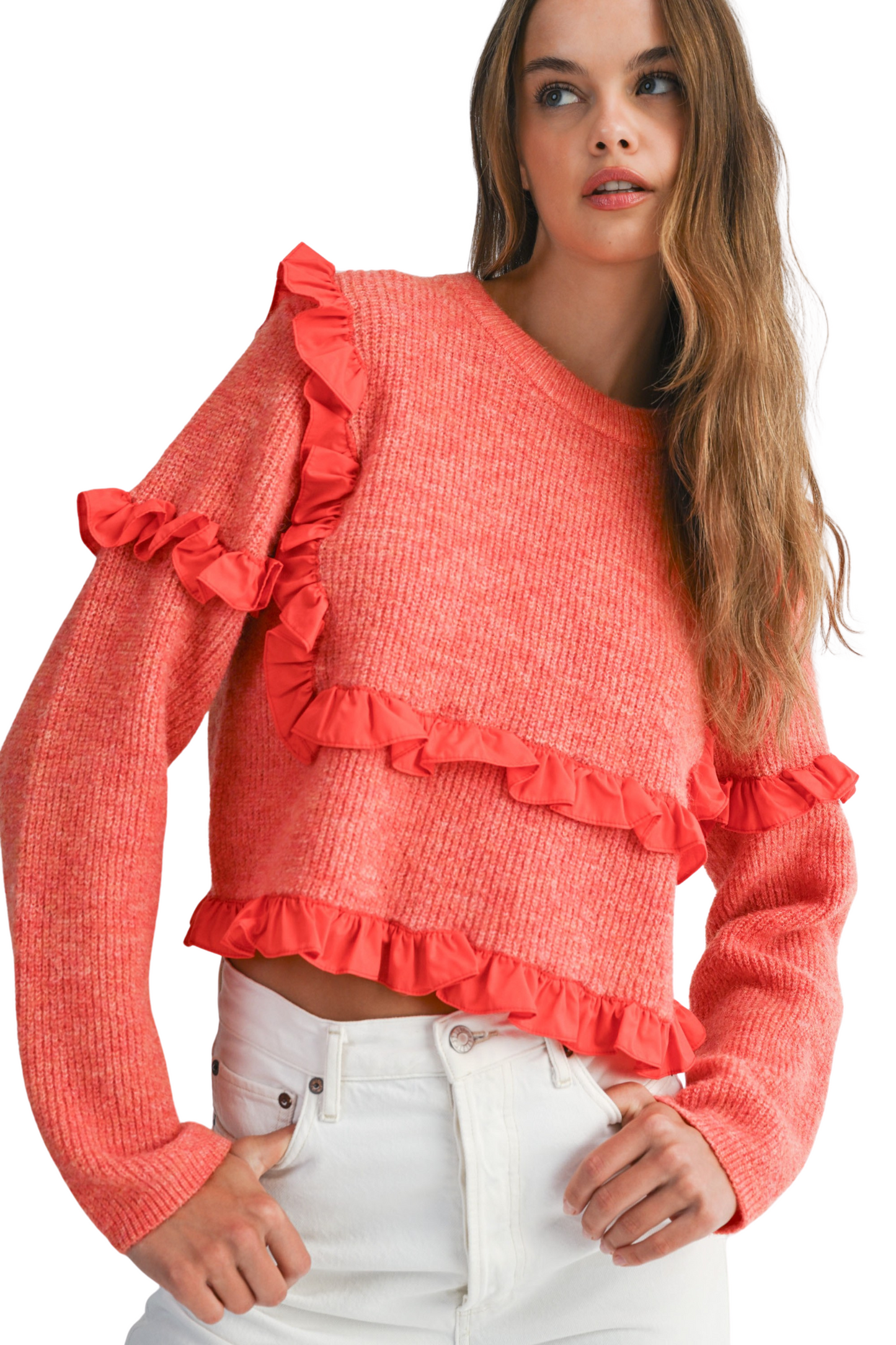 Crew Neck Ruffle Detailed Cropped Knit Sweater