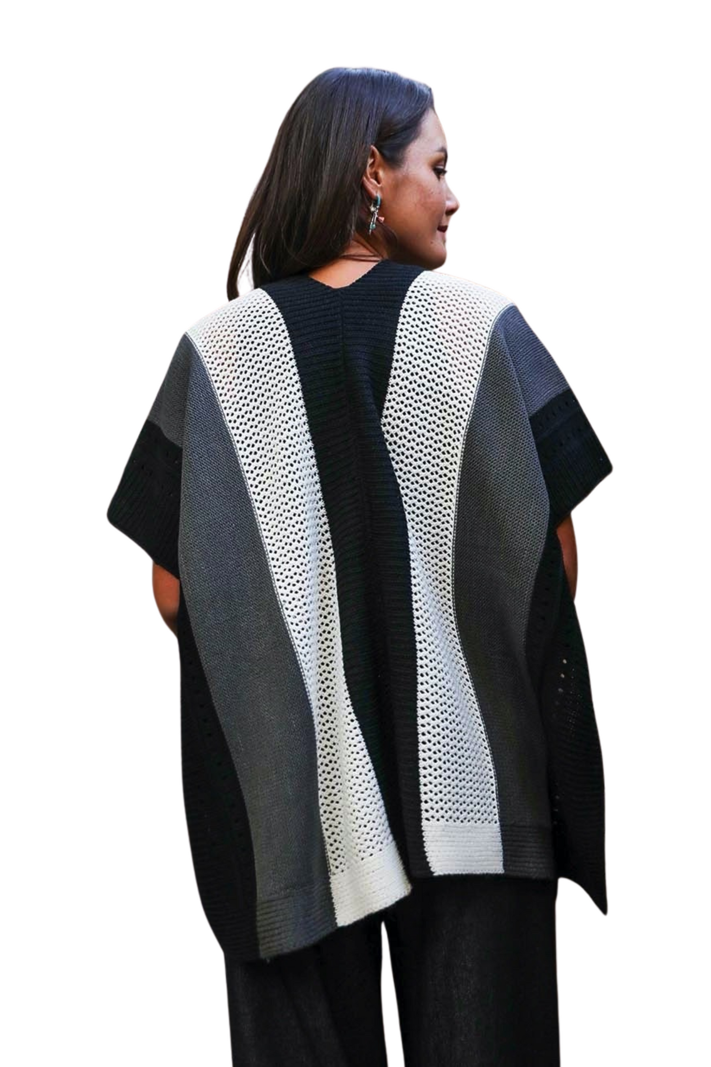 Grayscale Striped Knit Poncho Wrap