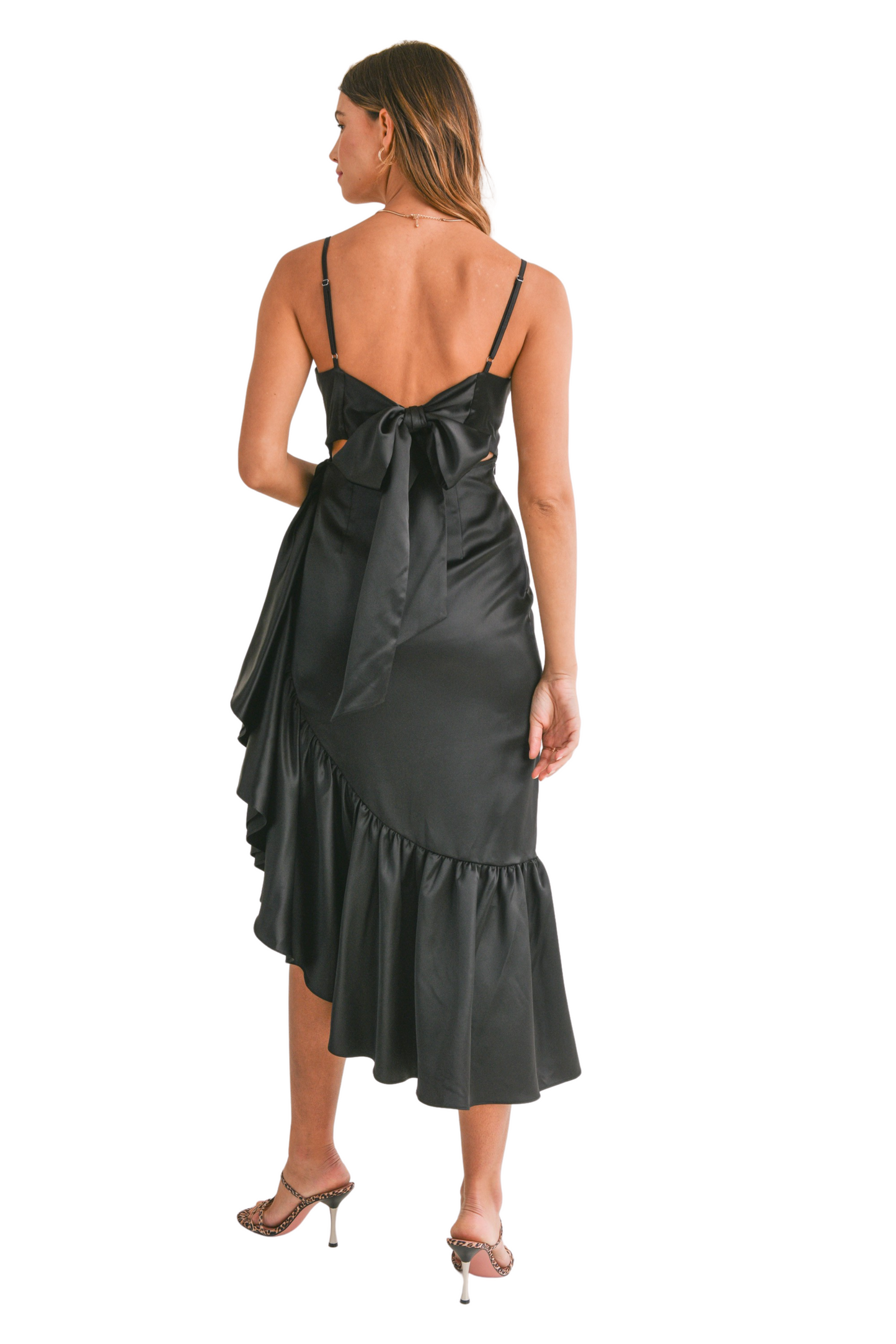Asymmetric Ruffle Hem Line Open Back Midi Dress