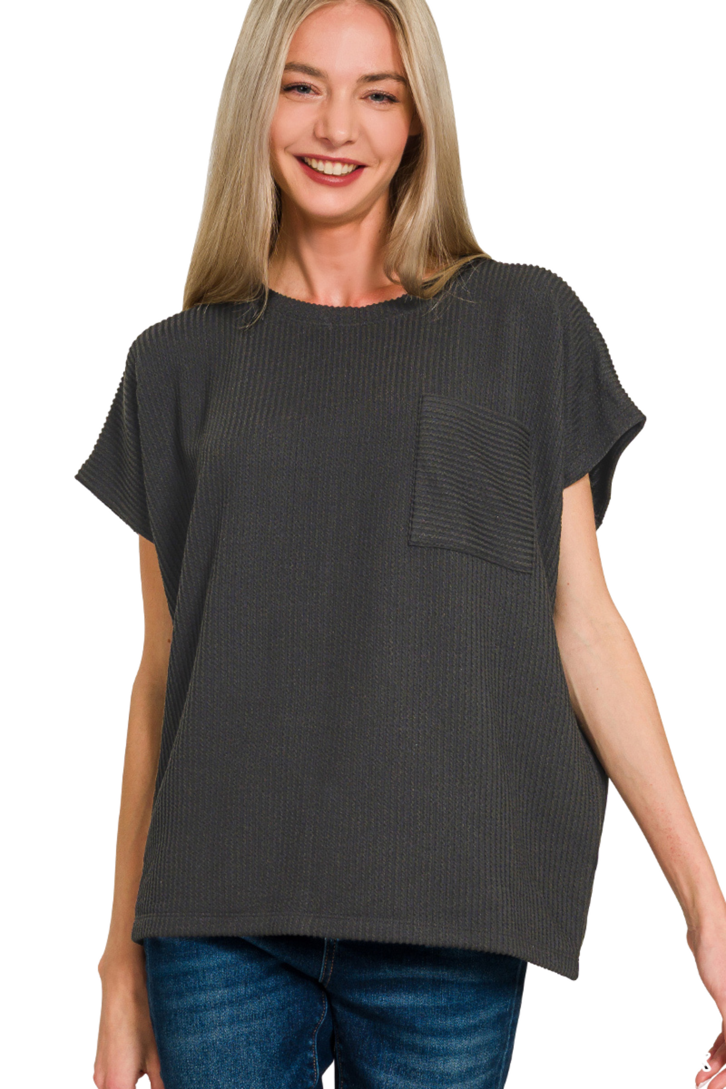 Cord Ribbed Pocket Short Sleeve Top