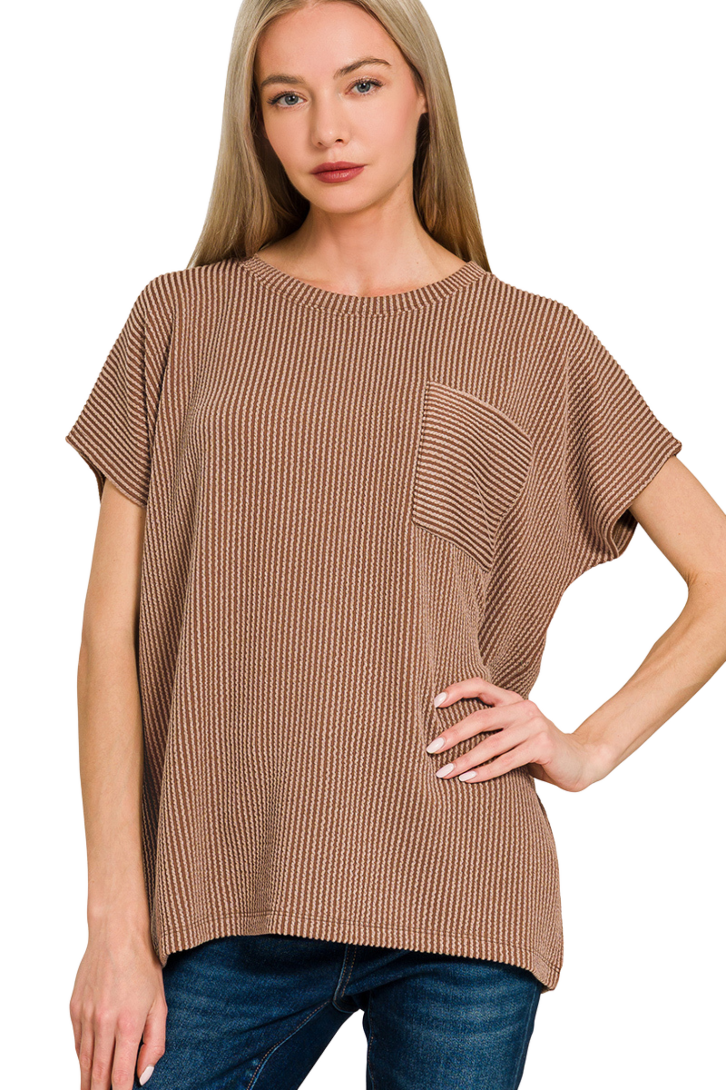 Cord Ribbed Pocket Short Sleeve Top
