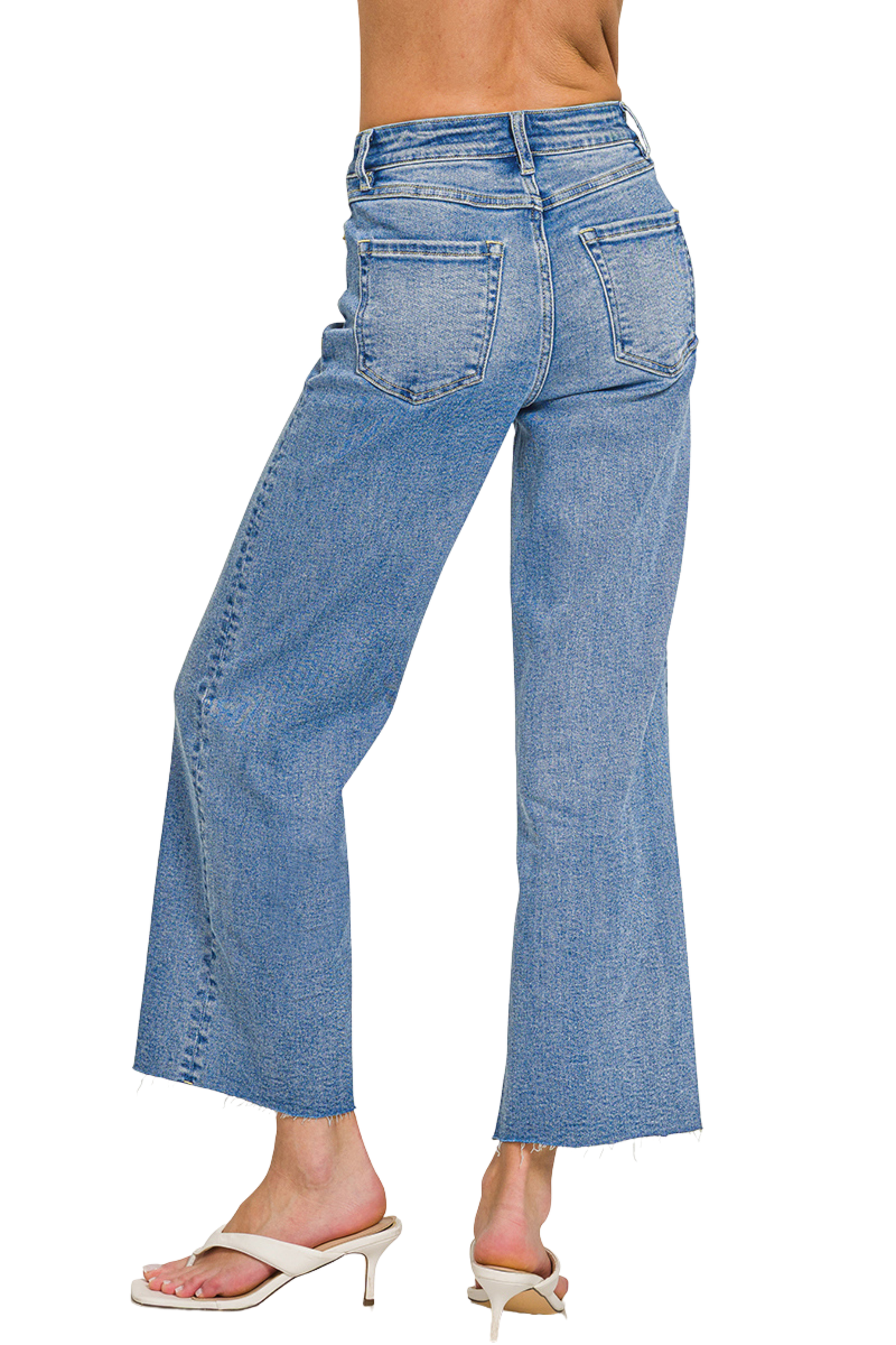 Cropped Wide Leg Raw Edge Medium Wash Jeans