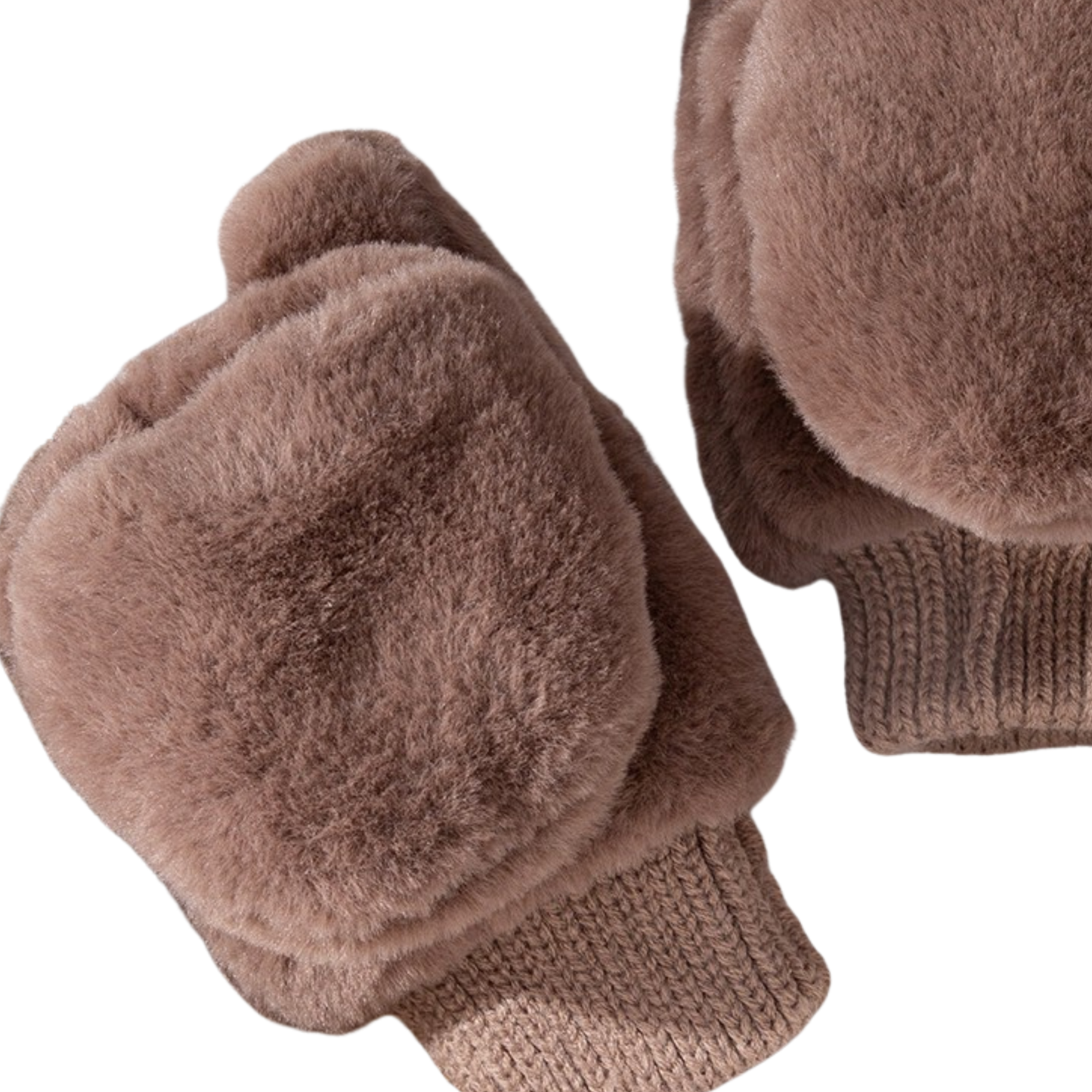 Faux Fur Fold Over Mittens with Knitted Cuffs