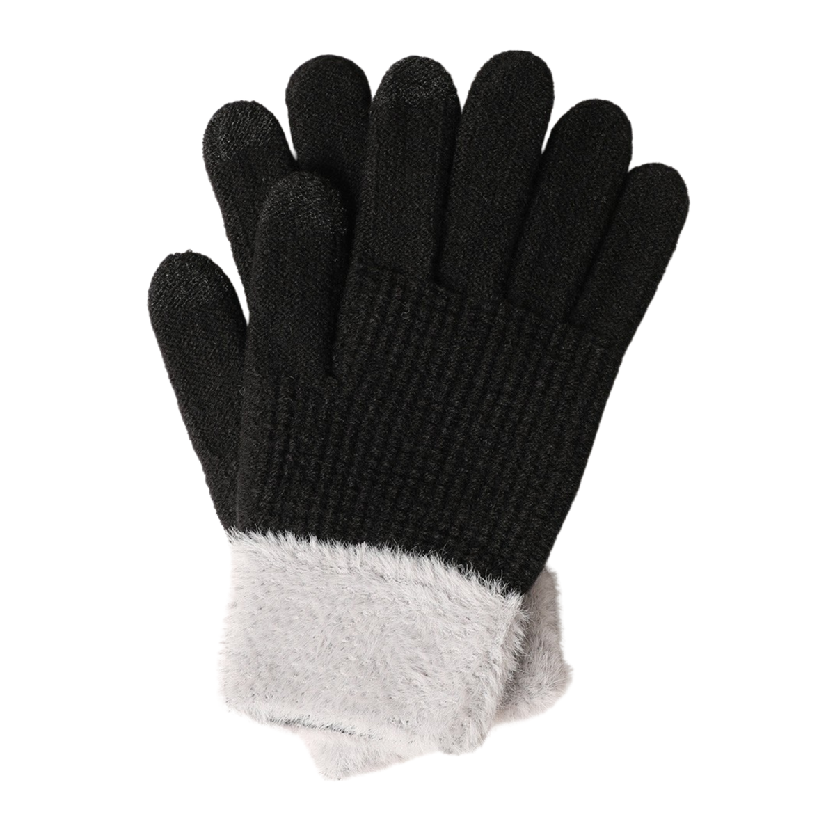 Faux Fur Knit Gloves with Contrasting Color Cuffs