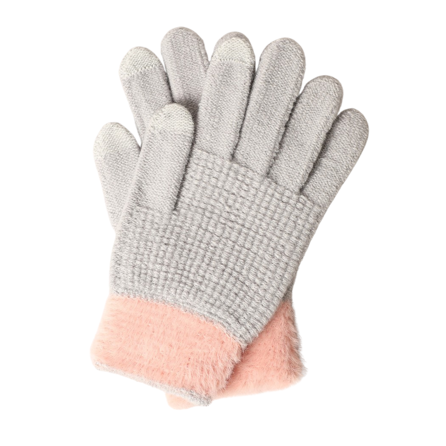 Faux Fur Knit Gloves with Contrasting Color Cuffs