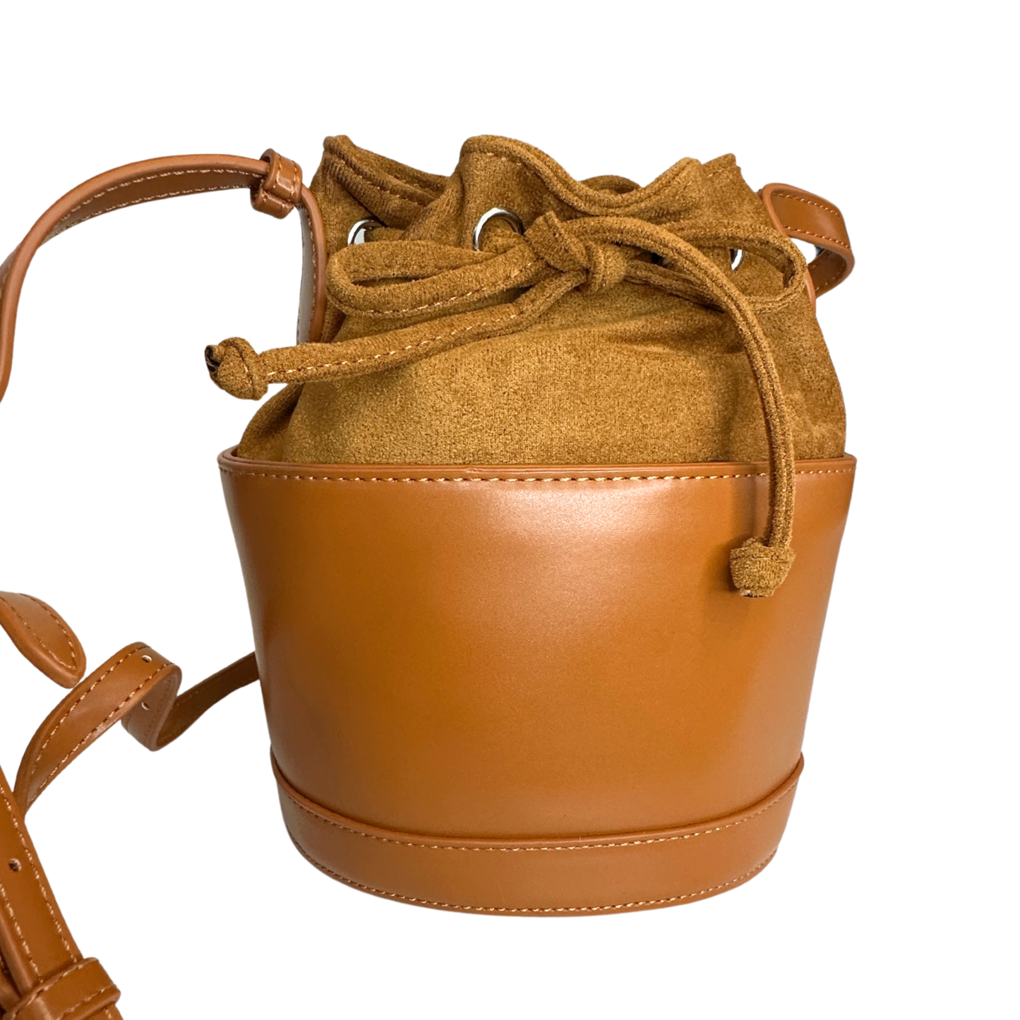 Faux Suede and Leather Bucket Bag with Tie Drawstring with Shoulder Strap