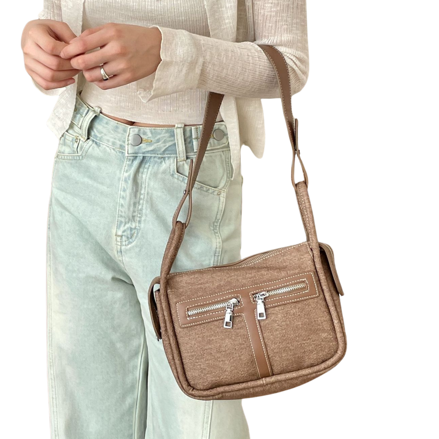 Soft Denim Double Front Zipper Bag with Handles and Shoulder Strap