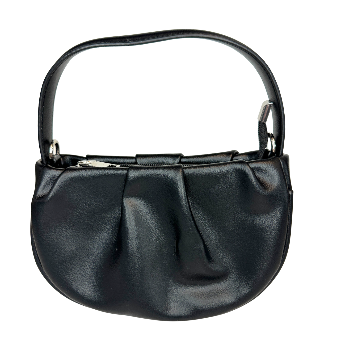 Vegan Leather Soft Pleated Rounded Handbag with Detachable Shoulder Strap
