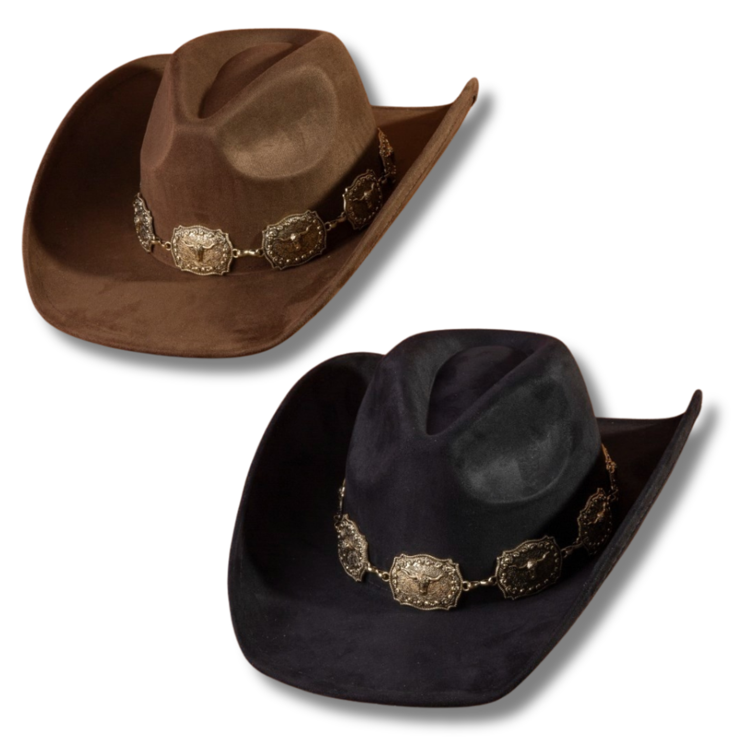 Faux Suede Cowboy Hat with Longhorn Metal Detailing