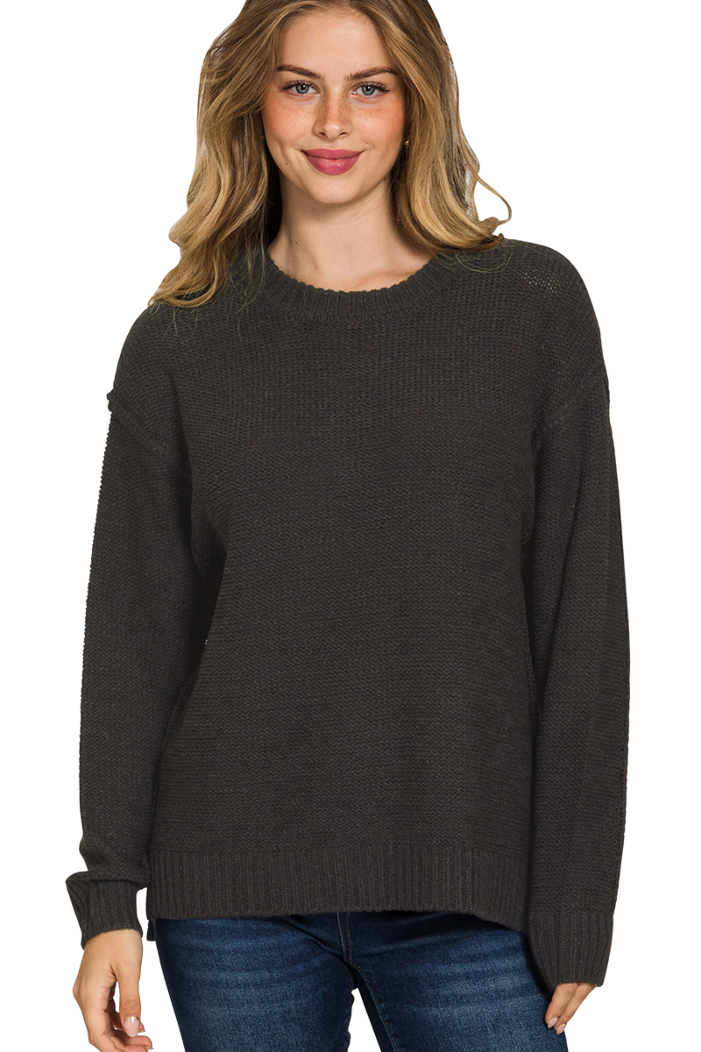 Exposed Seam Knit Crew Neck Sweater