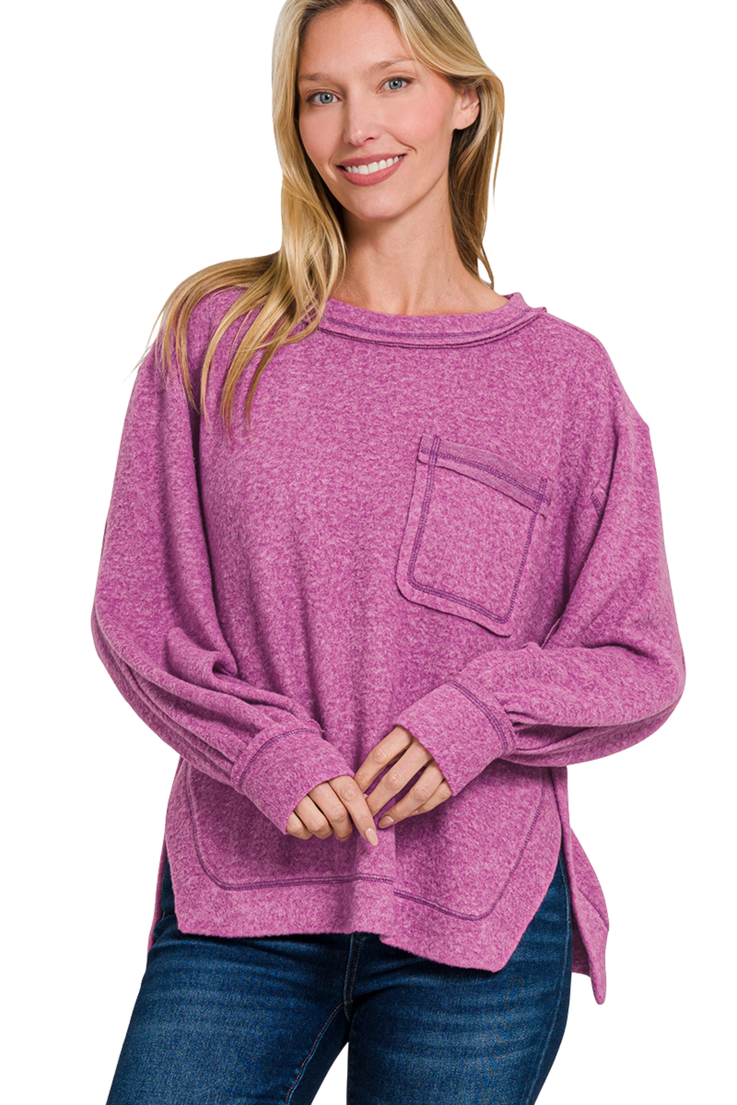 Super Soft Brushed Long Sleeve Sweater with Front Pocket and Split Seams
