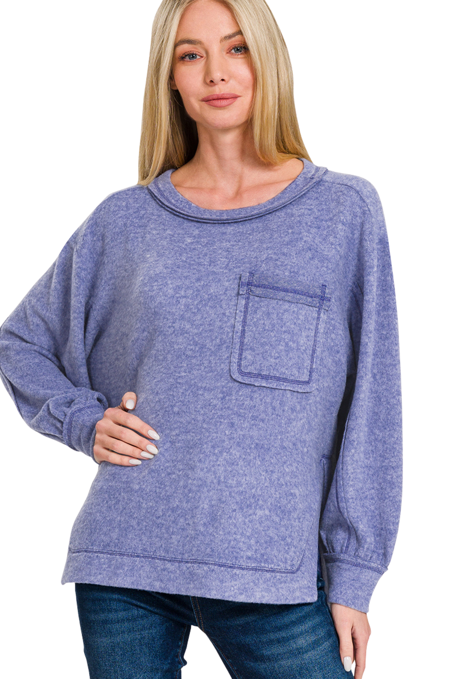 Super Soft Brushed Long Sleeve Sweater with Front Pocket and Split Seams