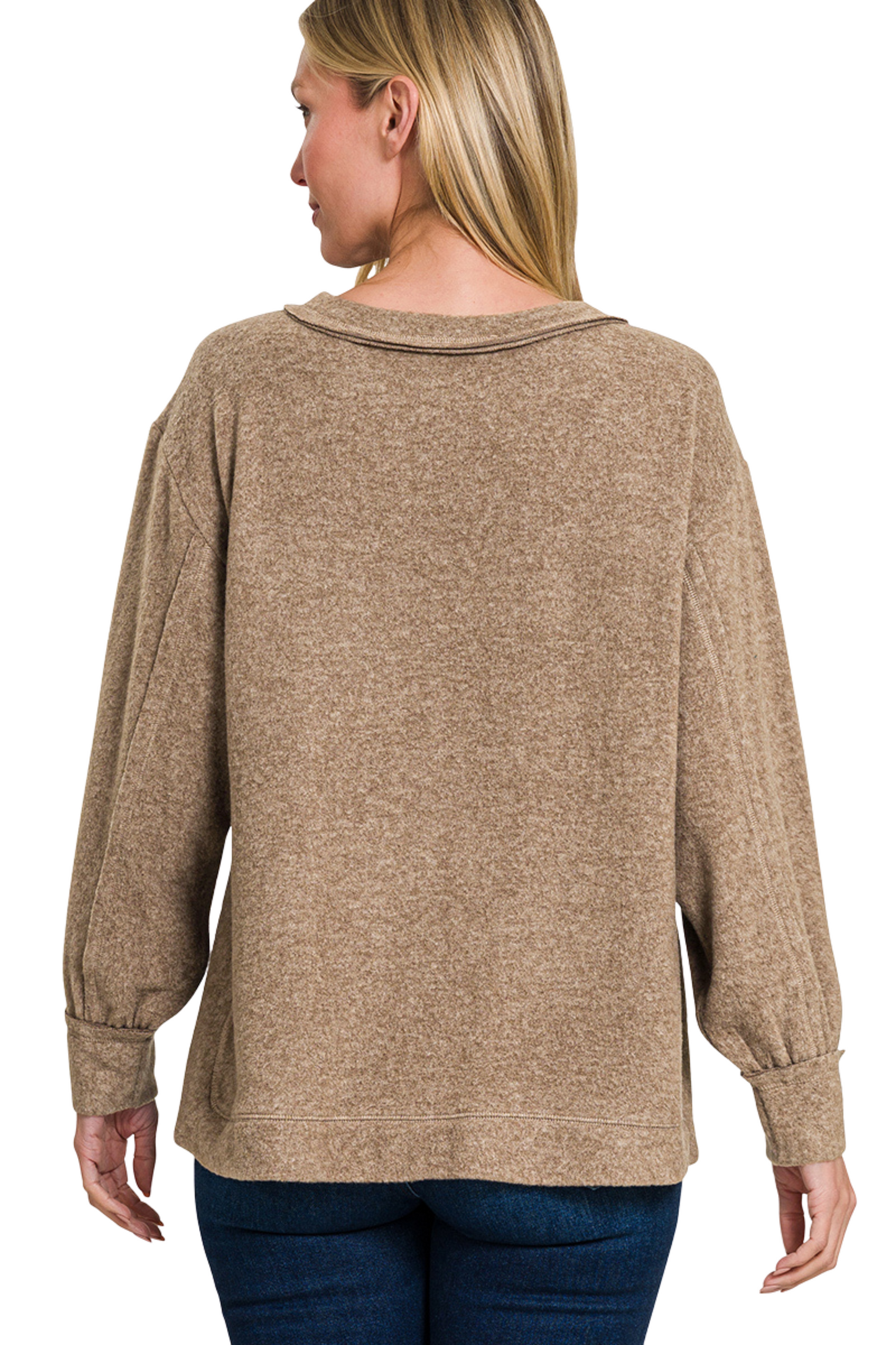 Super Soft Brushed Long Sleeve Sweater with Front Pocket and Split Seams