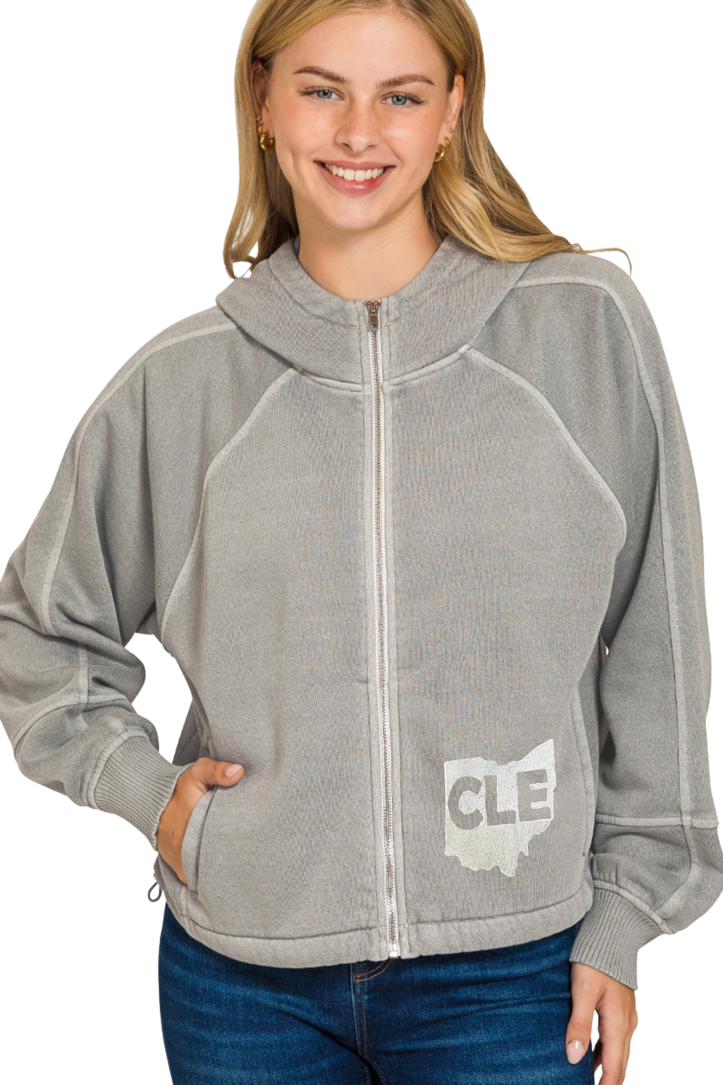 Hand Stamped CLE Ohio Full Zip Hoodie with Chinch Hemline