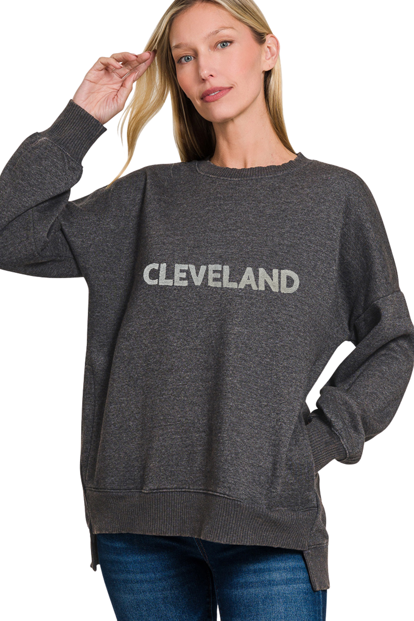 Cleveland Hand Stamped Acid Wash High Low Sweatshirt with Side Pockets