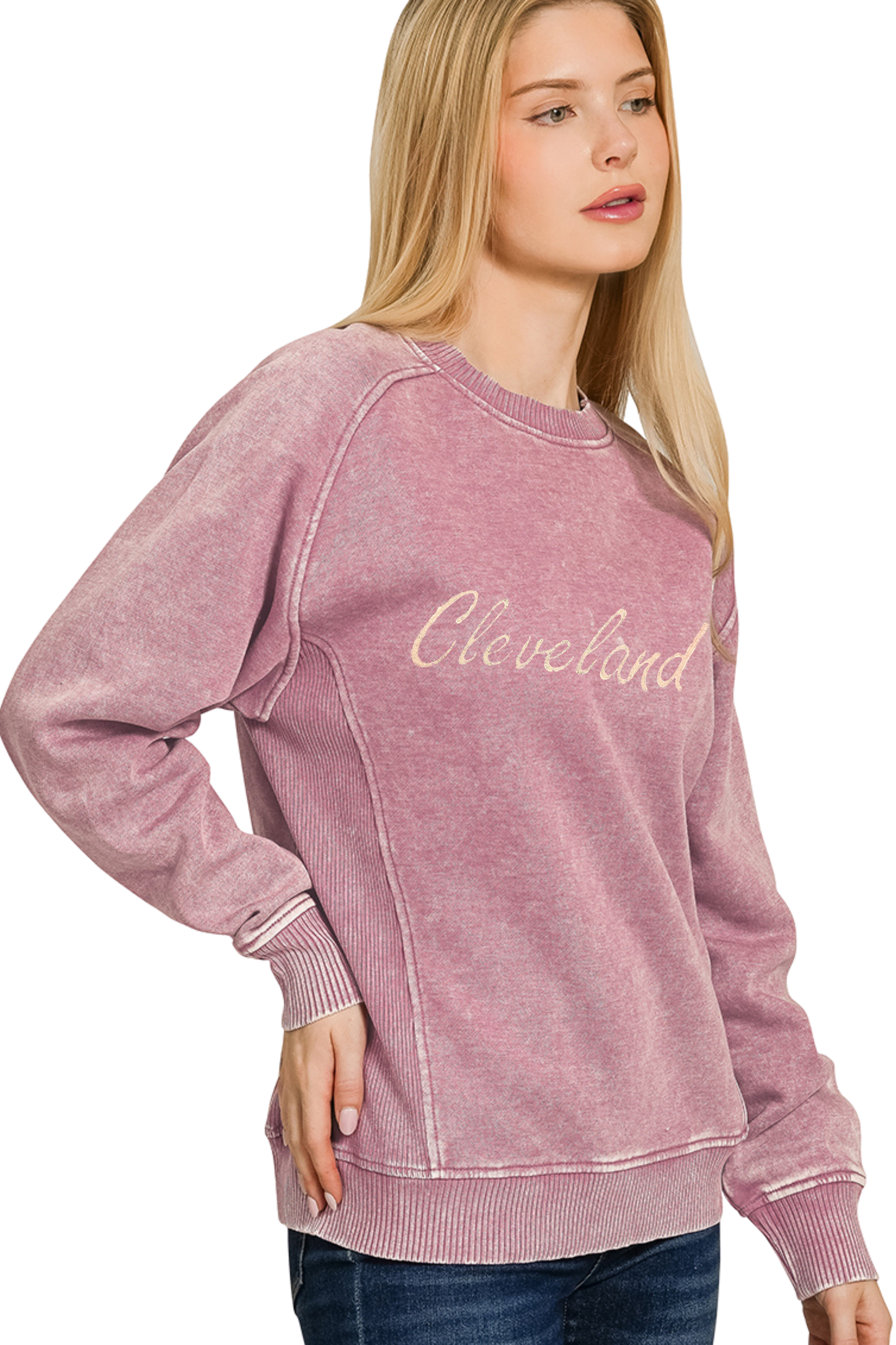 Script Cleveland Hand Stamped Ribbed Side Sweatshirt