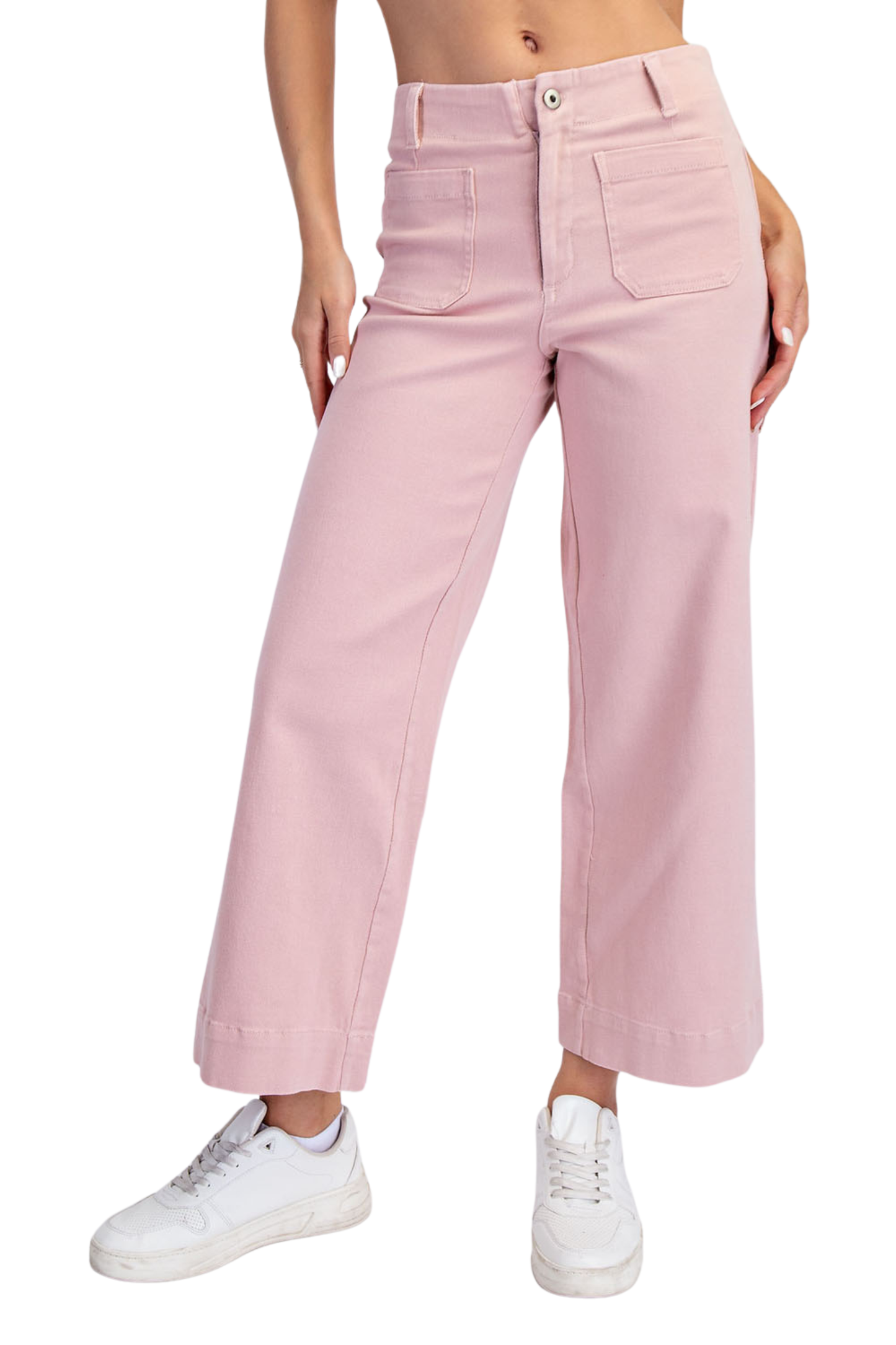 Cotton Twill Wide Leg Ankle Length Pants with Front Pockets