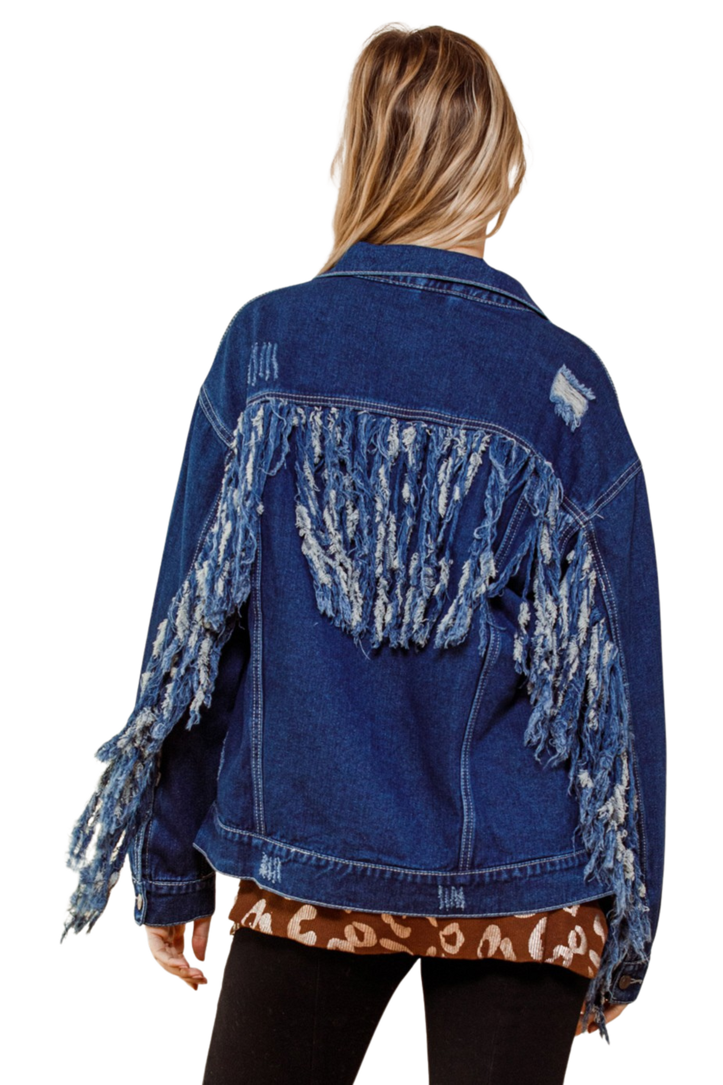 Washed Denim Print Fringe Detail Jacket