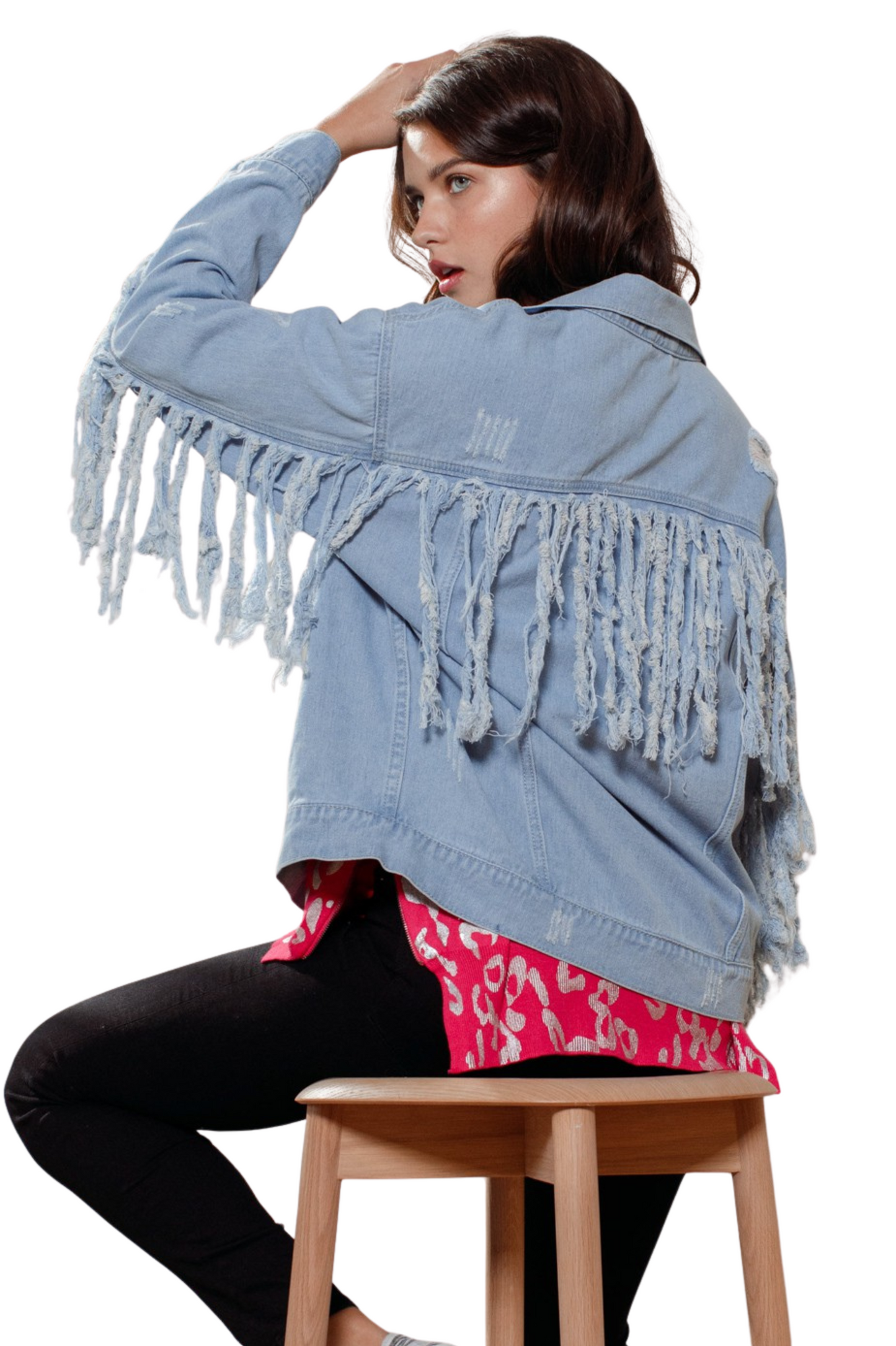 Washed Denim Print Fringe Detail Jacket