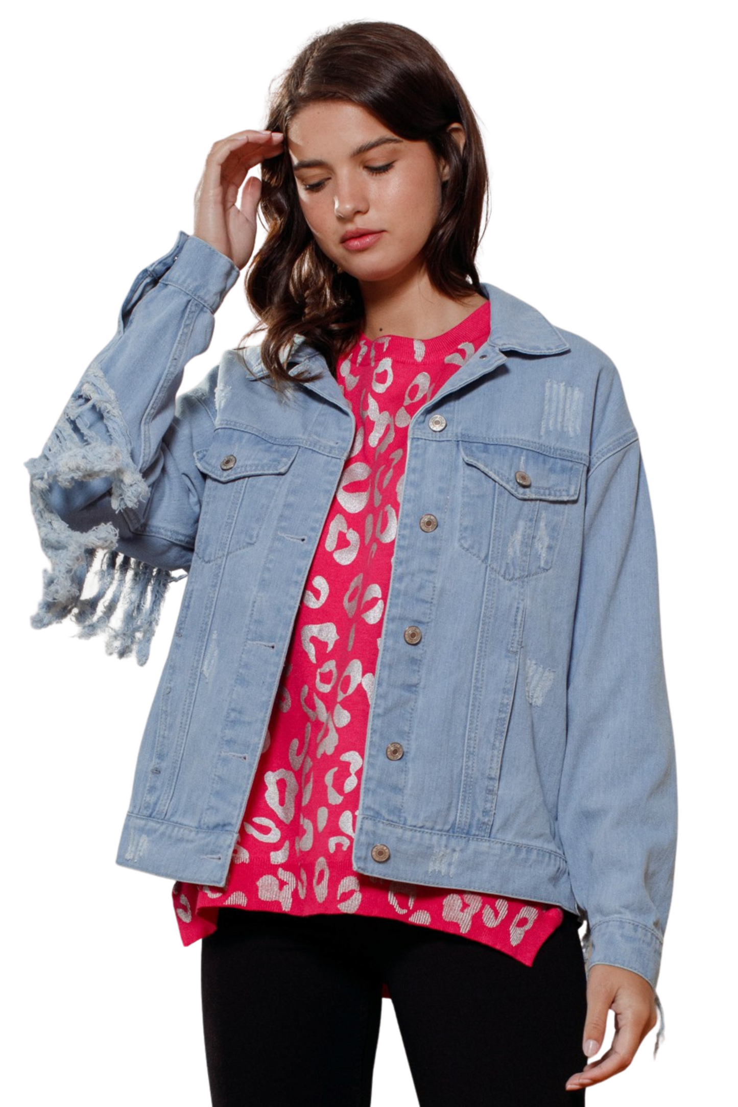 Washed Denim Print Fringe Detail Jacket