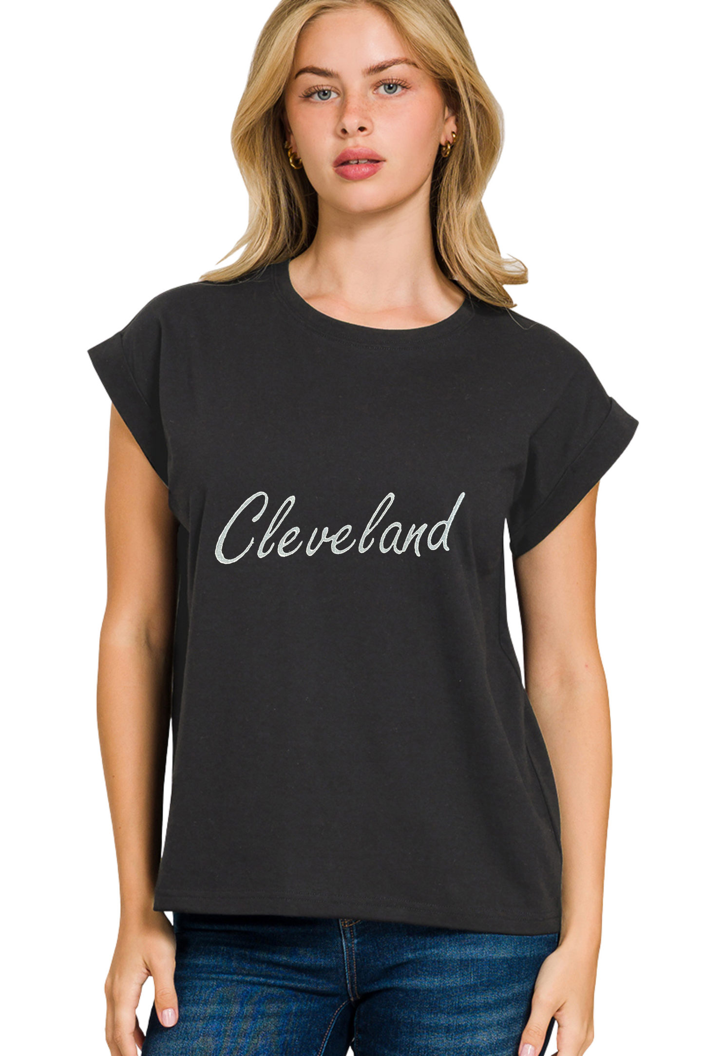 Script Cleveland Hand Stamped Rolled Sleeve Tee