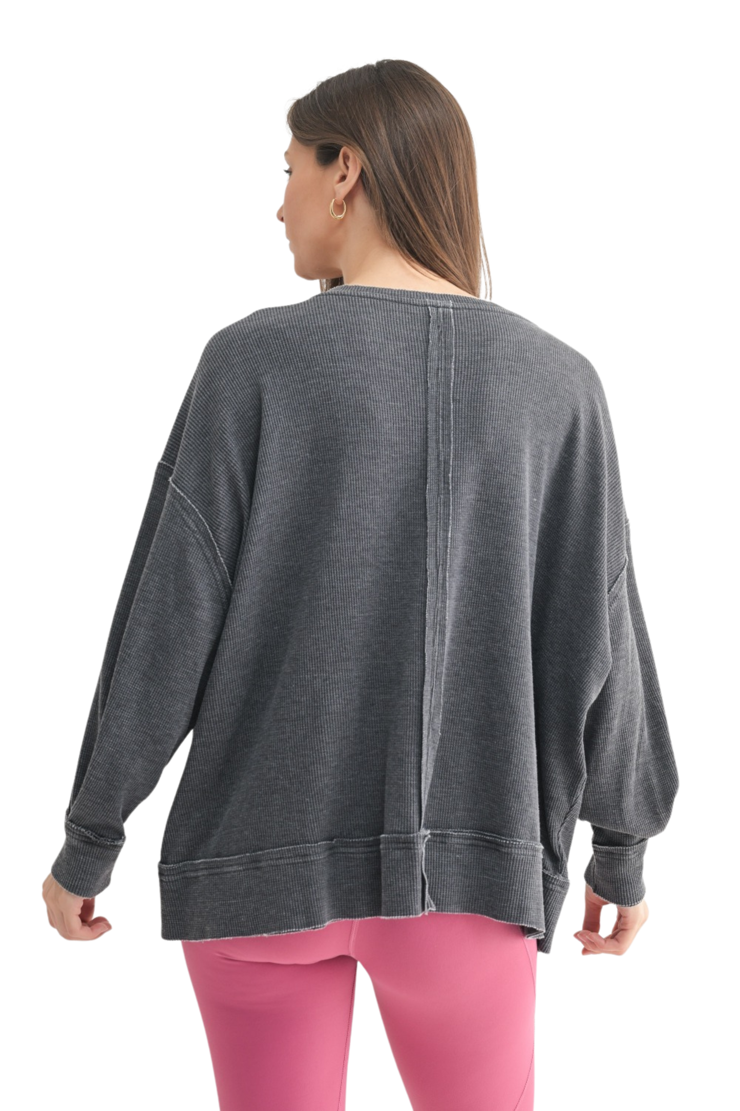Waffle Knit Oversized Long Sleeve top with Rounded Notch Neckline