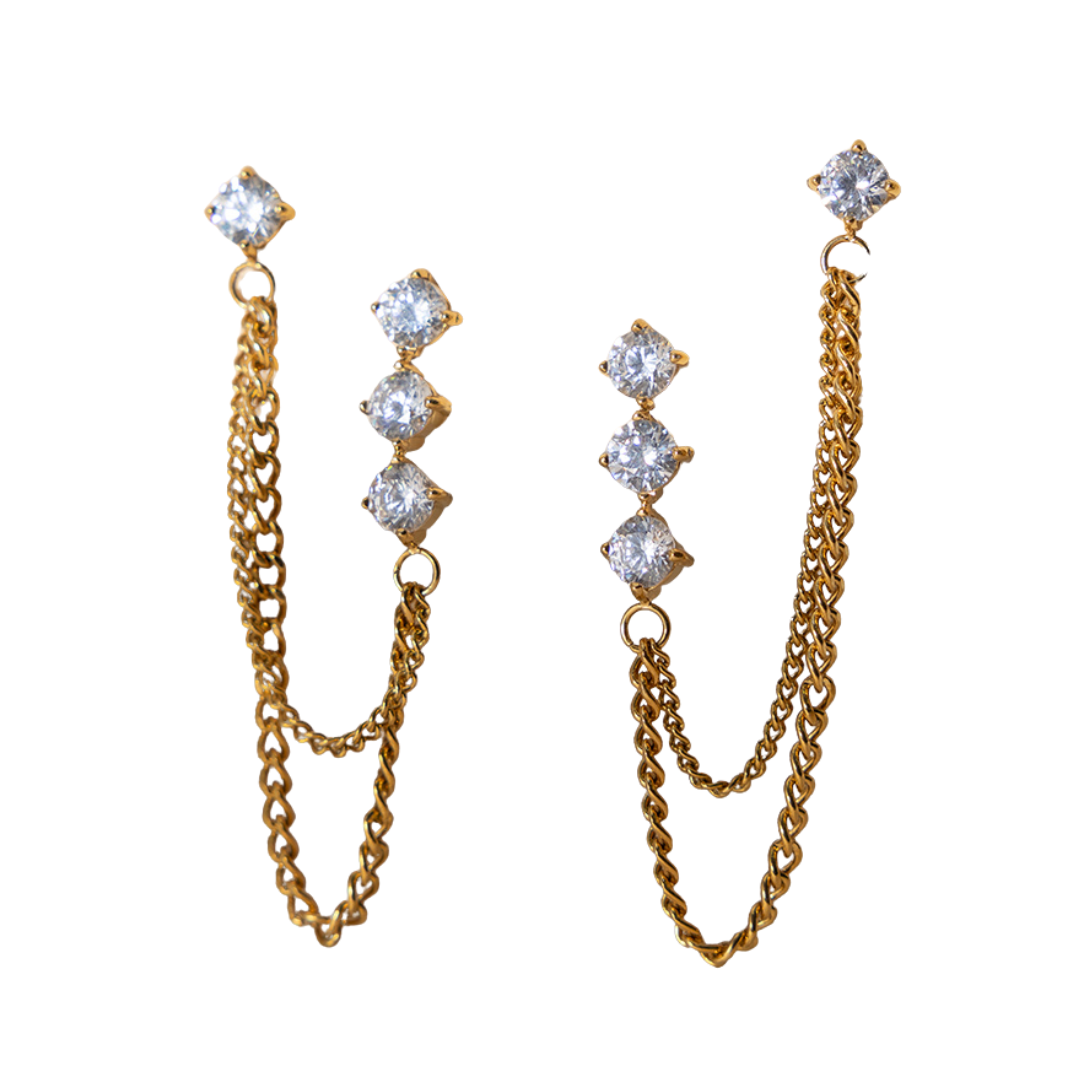 Sestra by Intro Stainless Steel Double Chain Pierced Stack with CZs