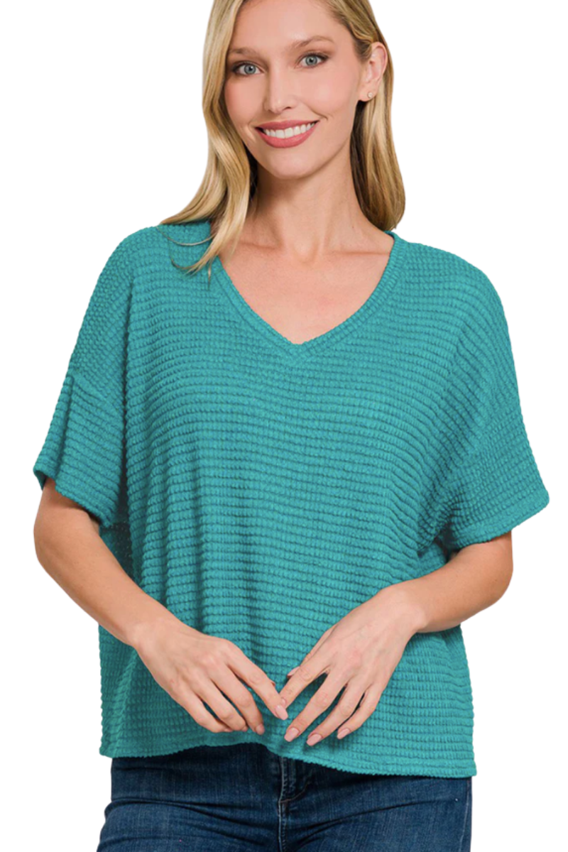 V Neck Semi Cropped Waffle Tee