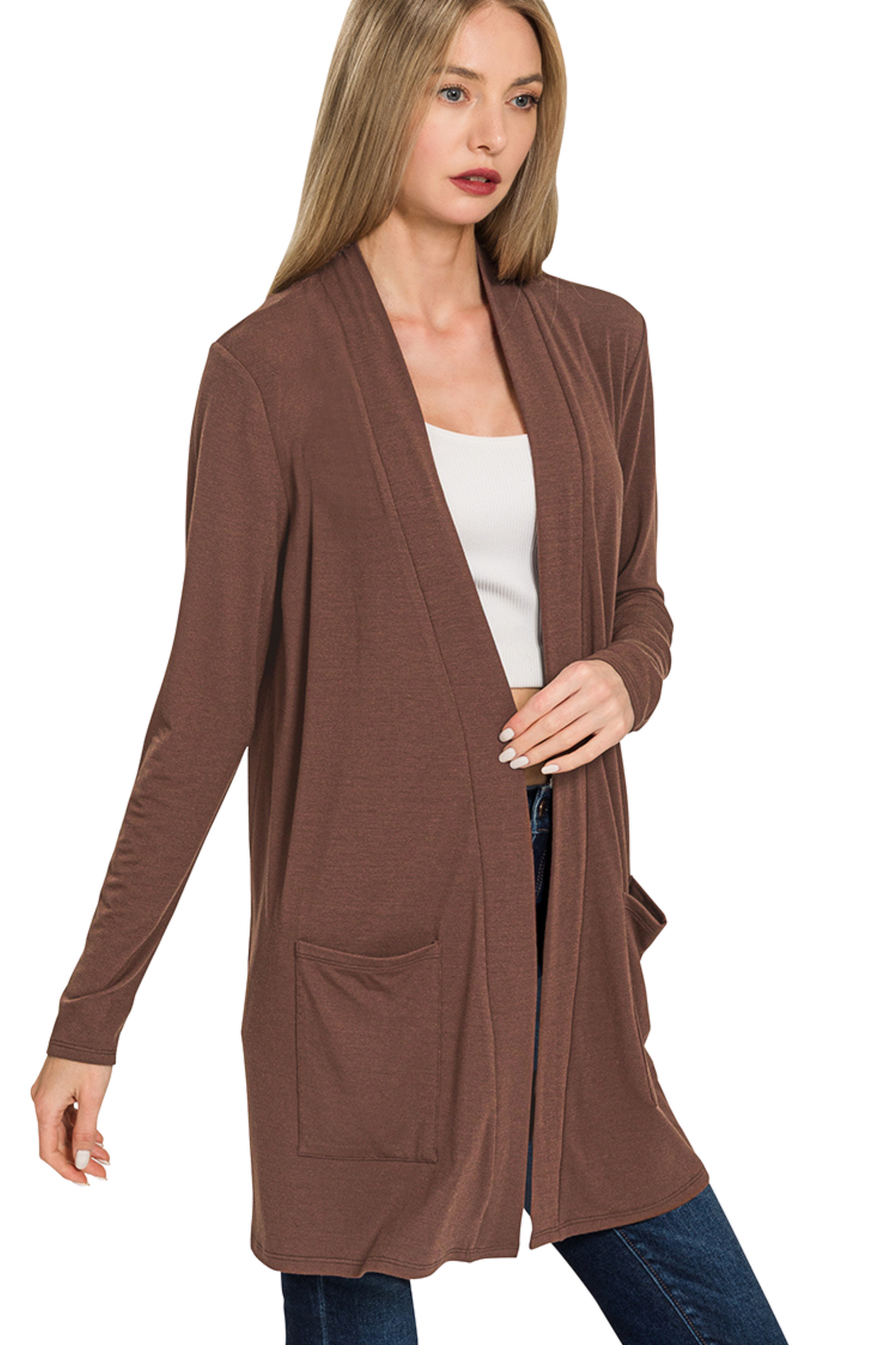 Long Basic Open Cardigan with Slouchy Pockets