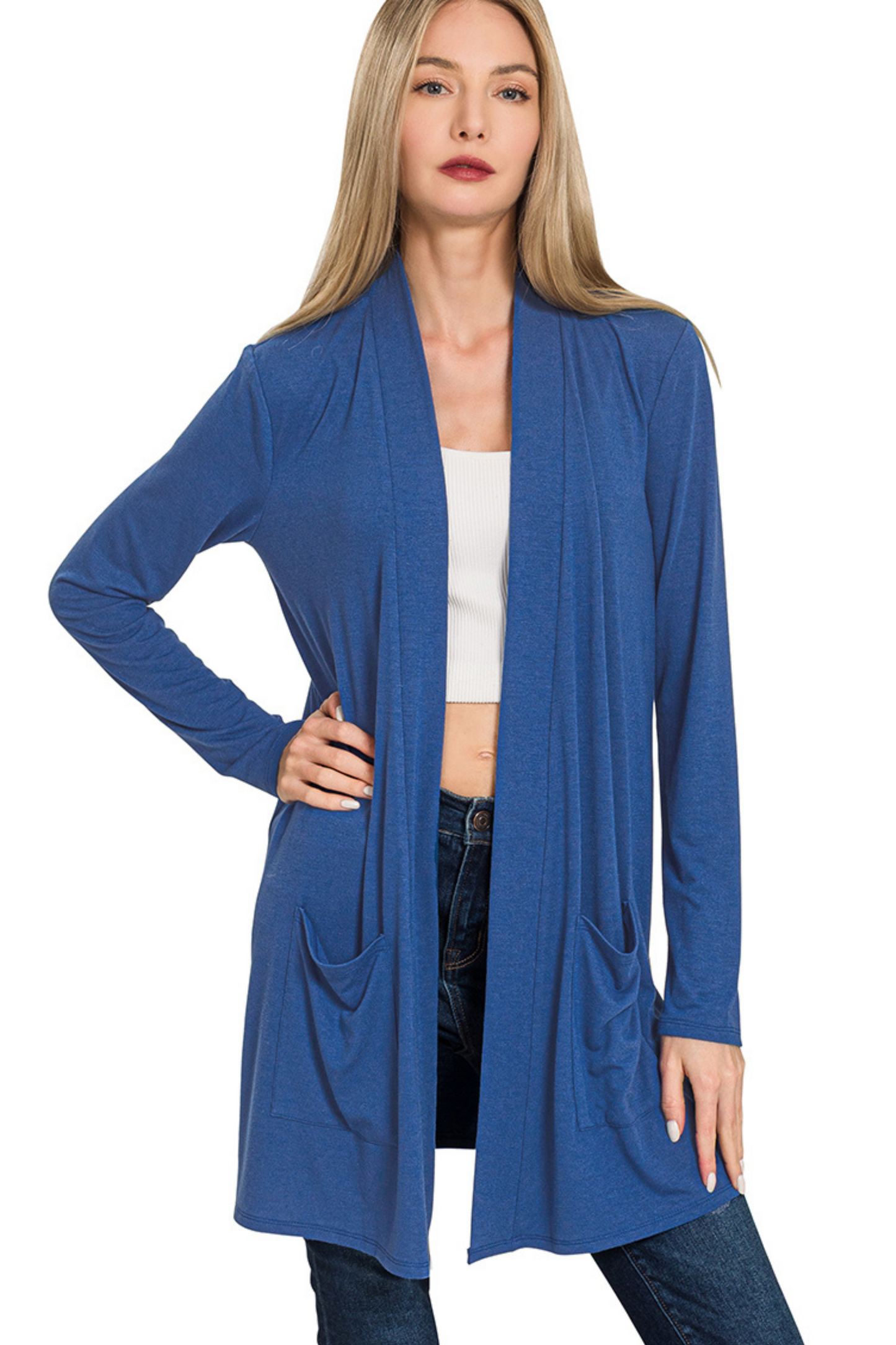 Long Basic Open Cardigan with Slouchy Pockets