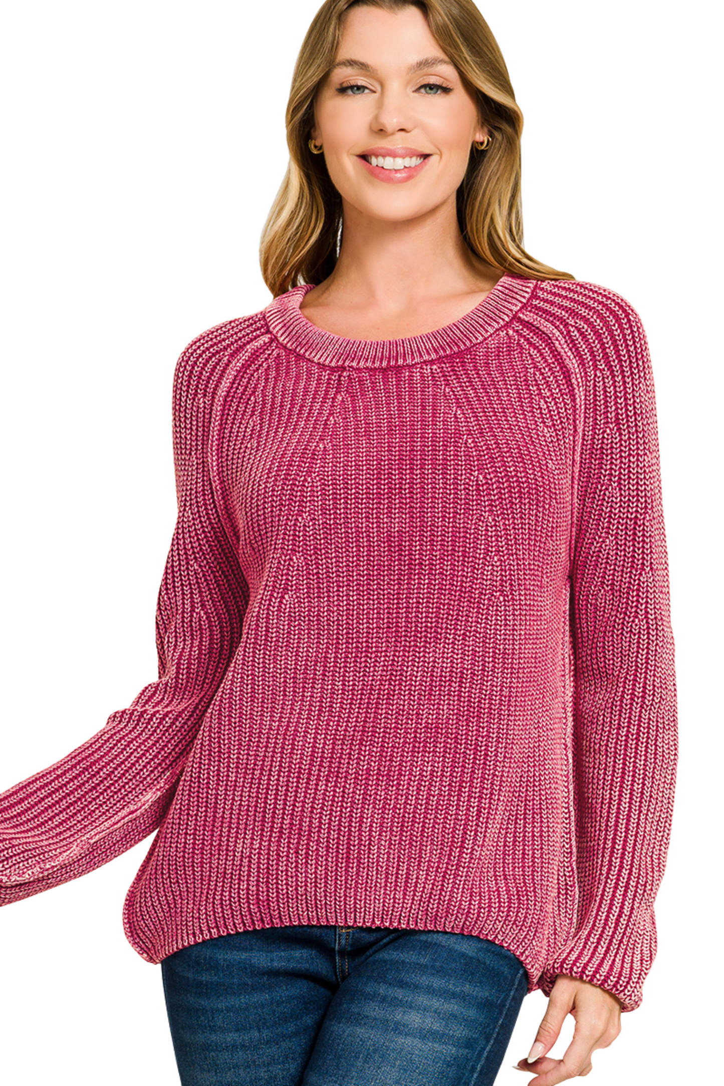 Stone Washed Balloon Sleeve Round Neck Knit Sweater