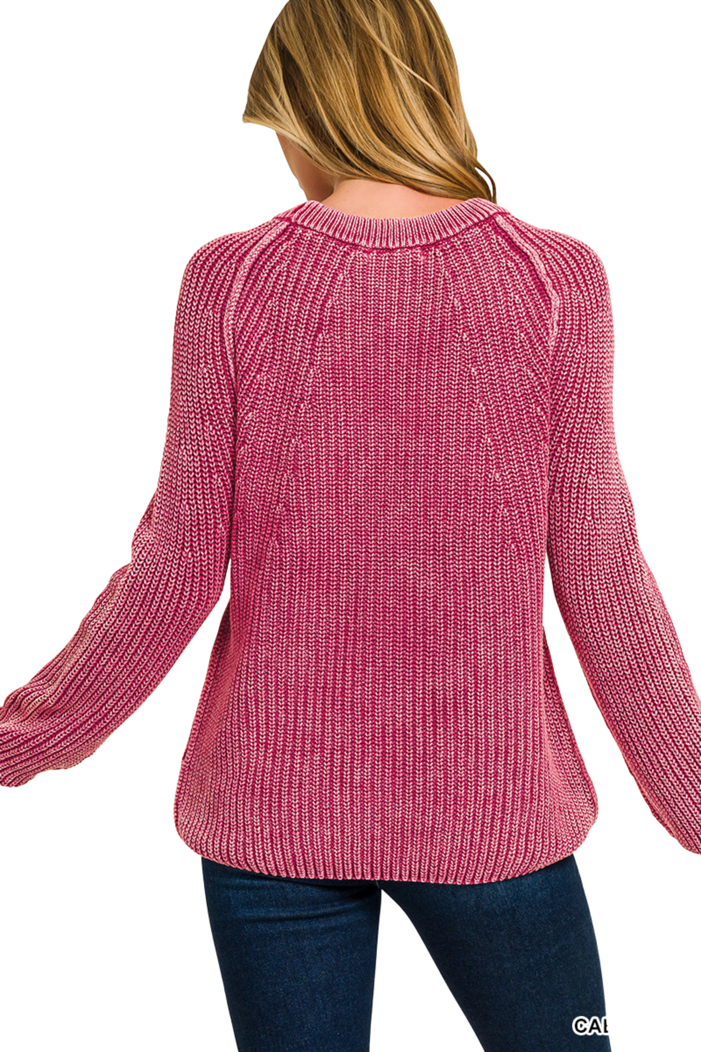 Stone Washed Balloon Sleeve Round Neck Knit Sweater