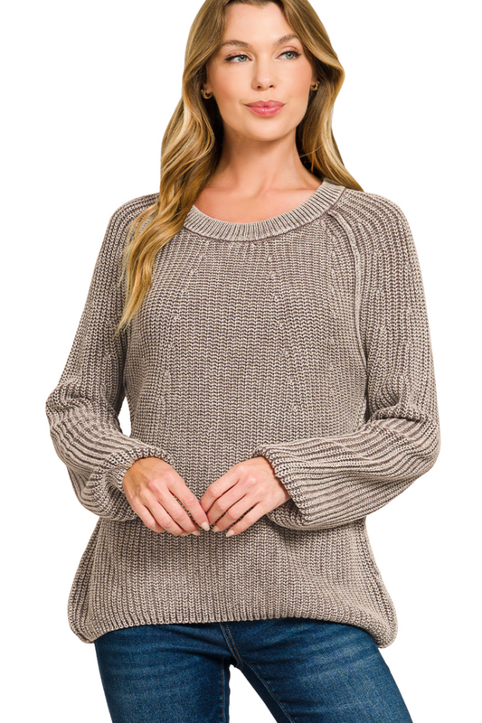 Stone Washed Balloon Sleeve Round Neck Knit Sweater