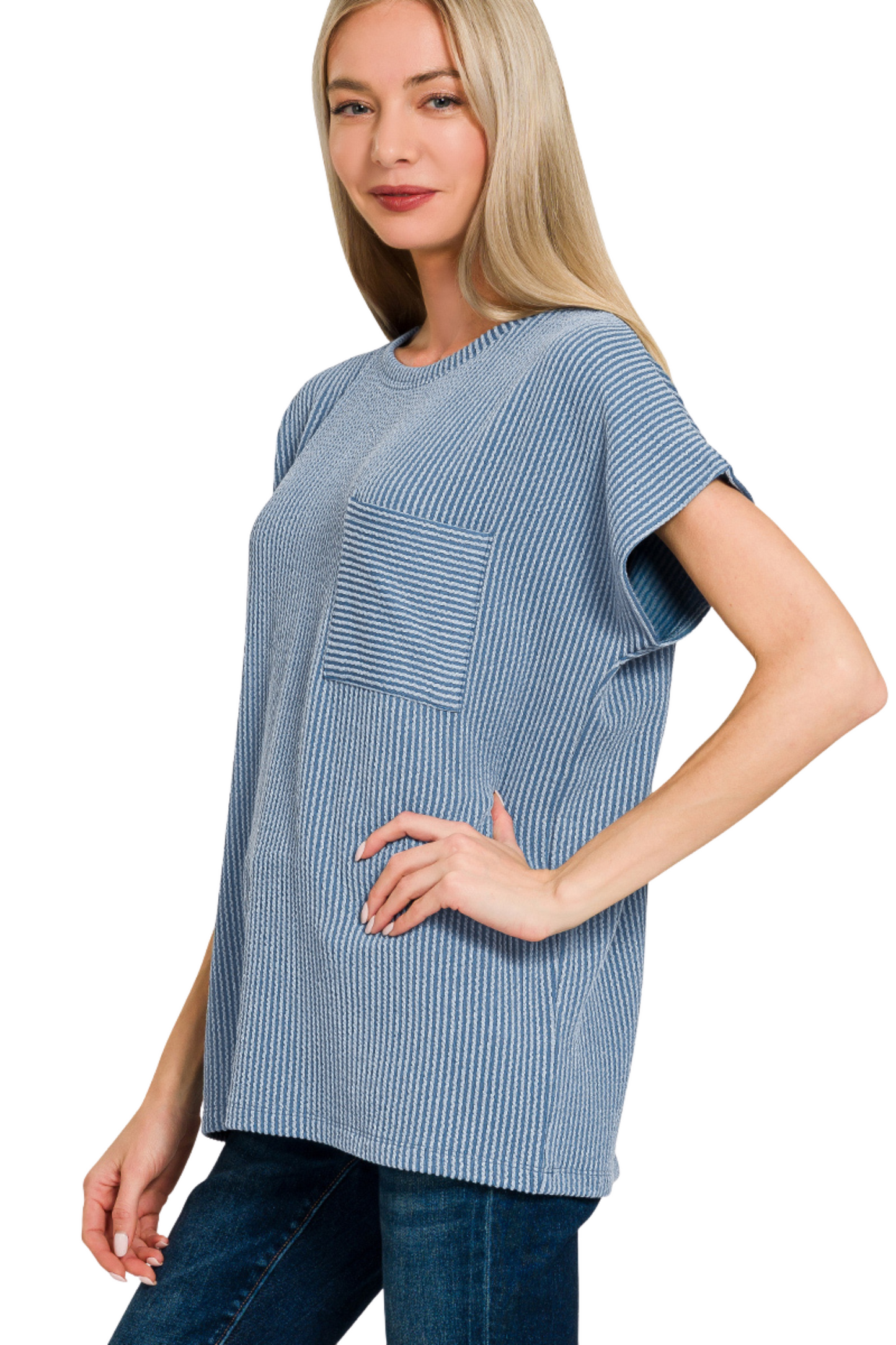 Cord Ribbed Pocket Short Sleeve Top