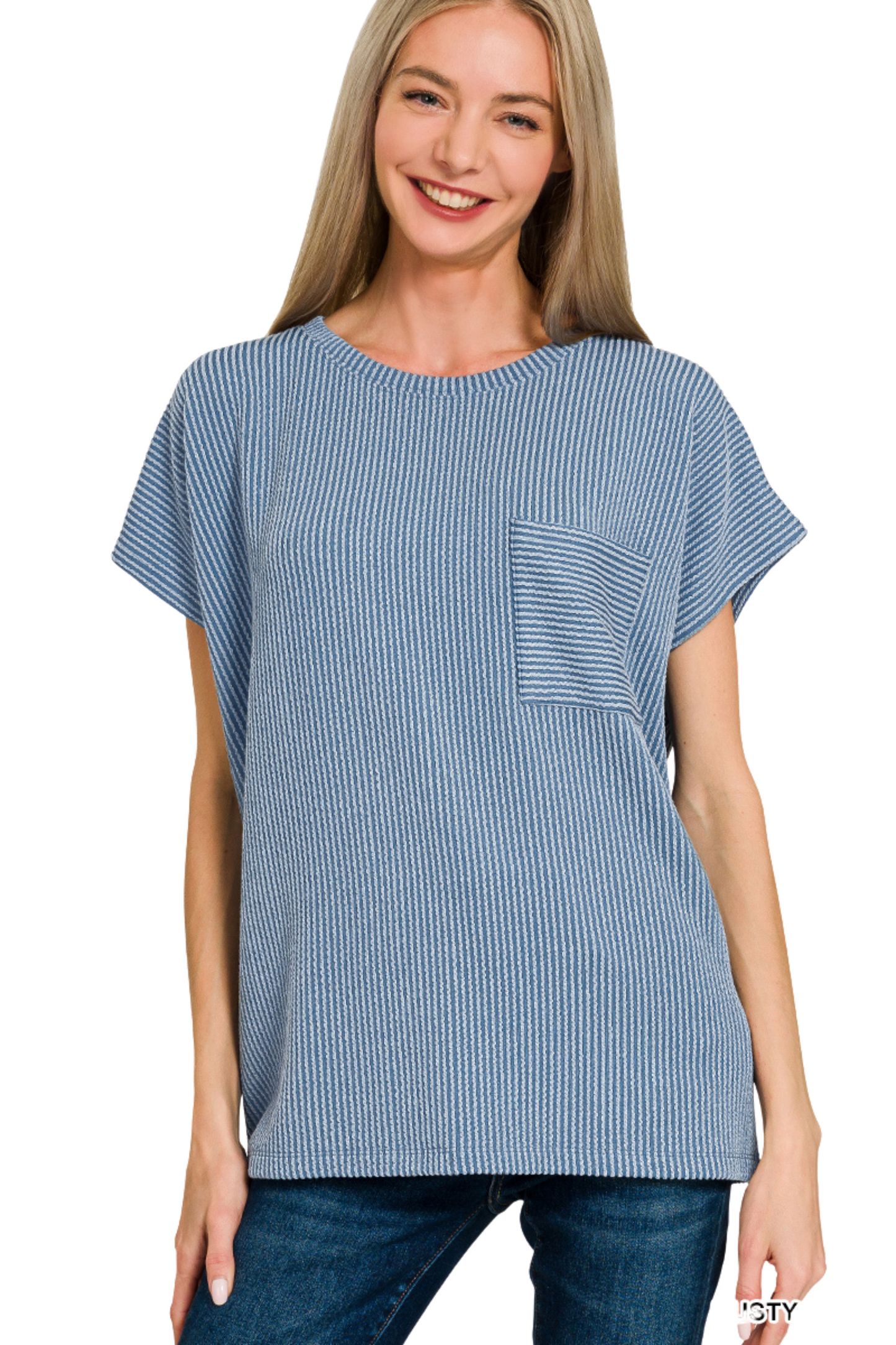 Cord Ribbed Pocket Short Sleeve Top