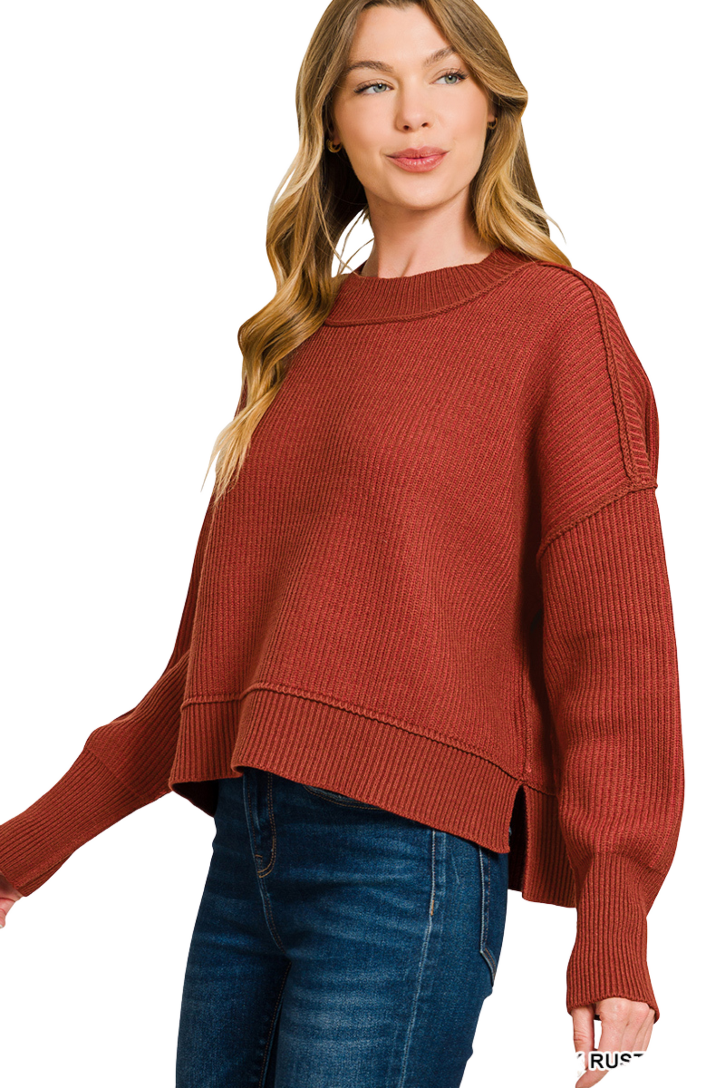 Exposed Seam Mock Neck Two-Tone Knit Sweater